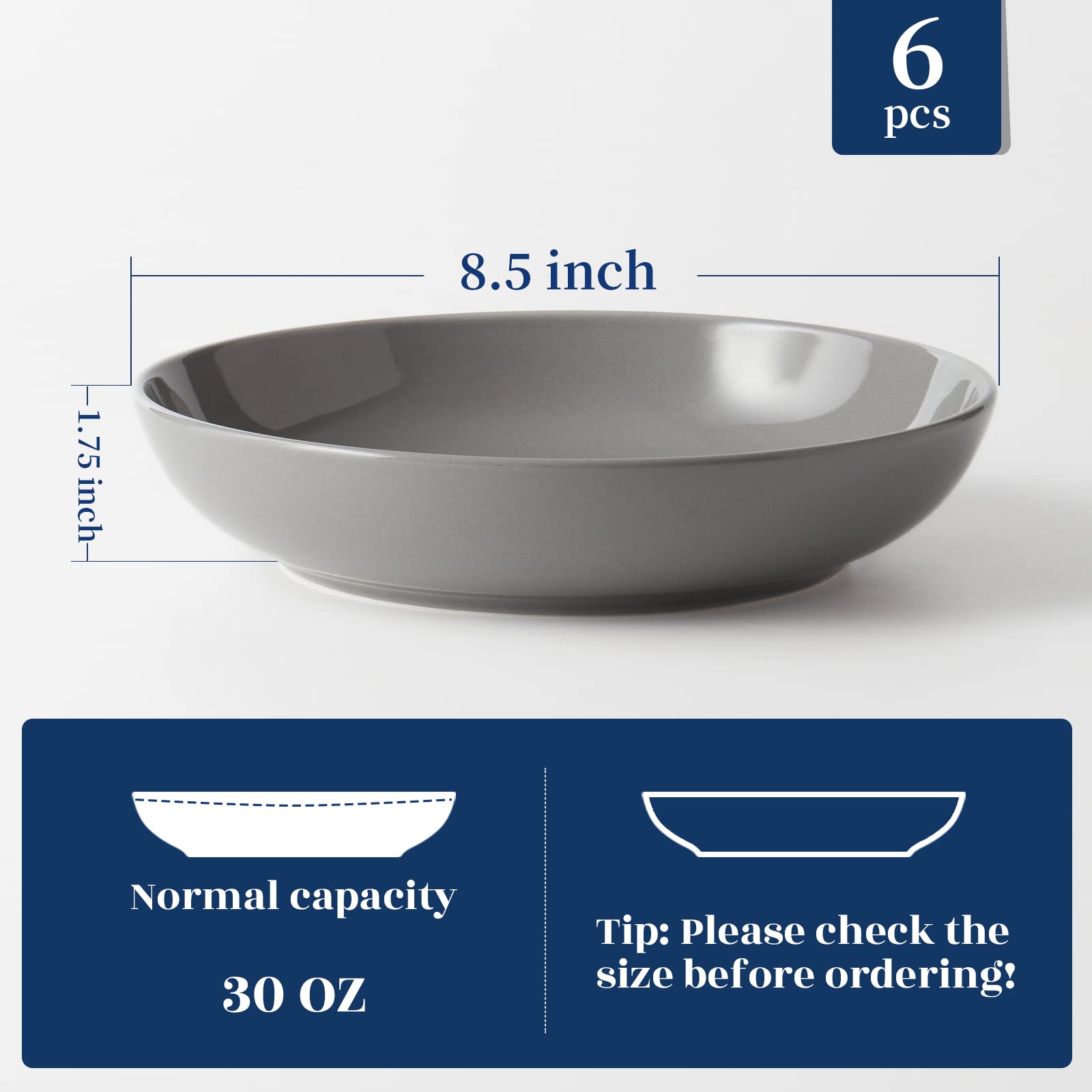 8.5'' Pasta Bowls Set of 6 - 30oz Large Porcelain Salad & Soup Bowls - Microwave & Dishwasher Safe Matte Gray Serving Dishes for Dinner, Kitchen, Restaurant & Party Use