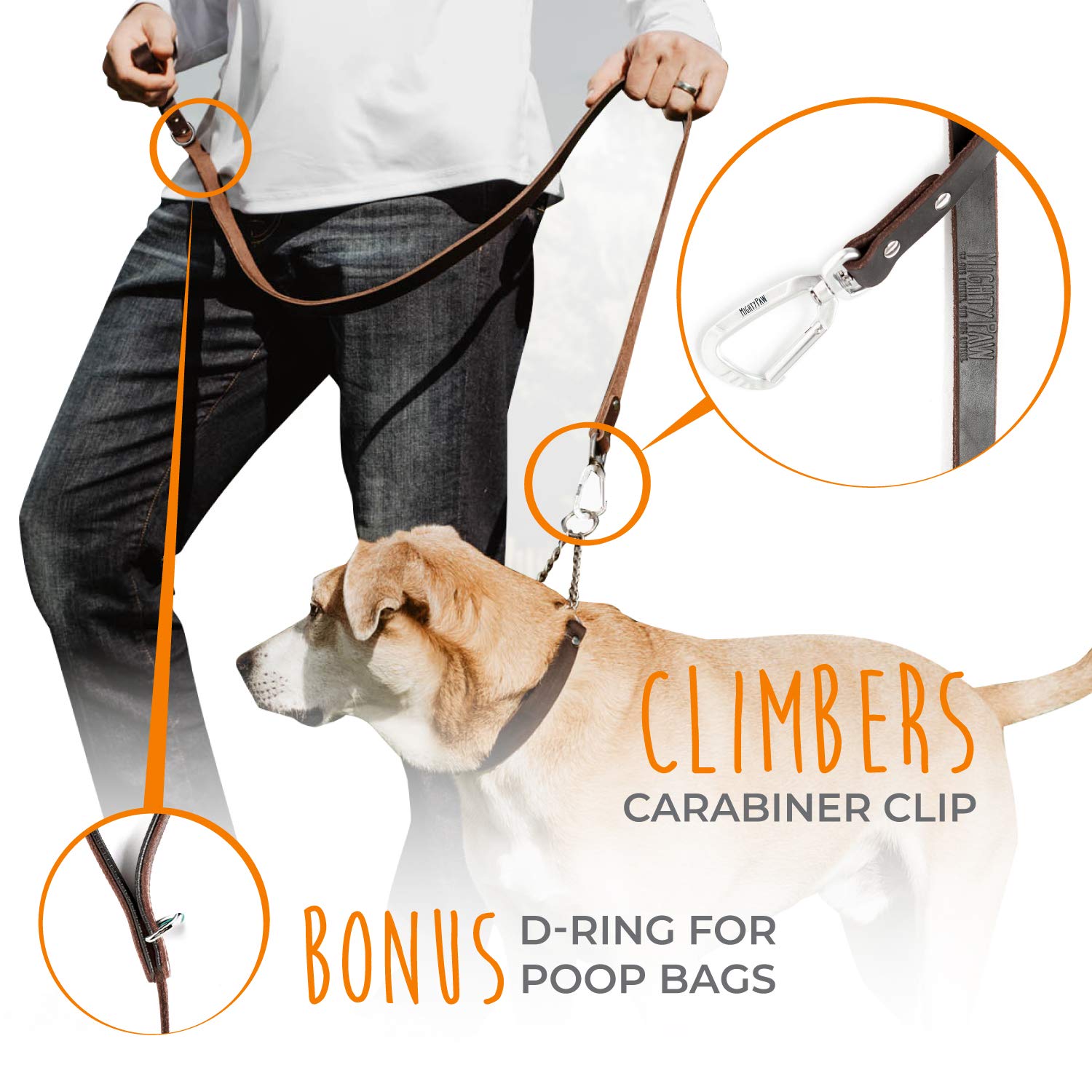 Premium Leather Dog Leash for Large Breeds - 6FT Heavy Duty Padded Handle Leash with D-Ring for Waste Bags & Secure Climbers Clip - Durable Brown Leather Dog Lead - Perfect for Walking, Training & Outdoor Adventures with Your Big Dog