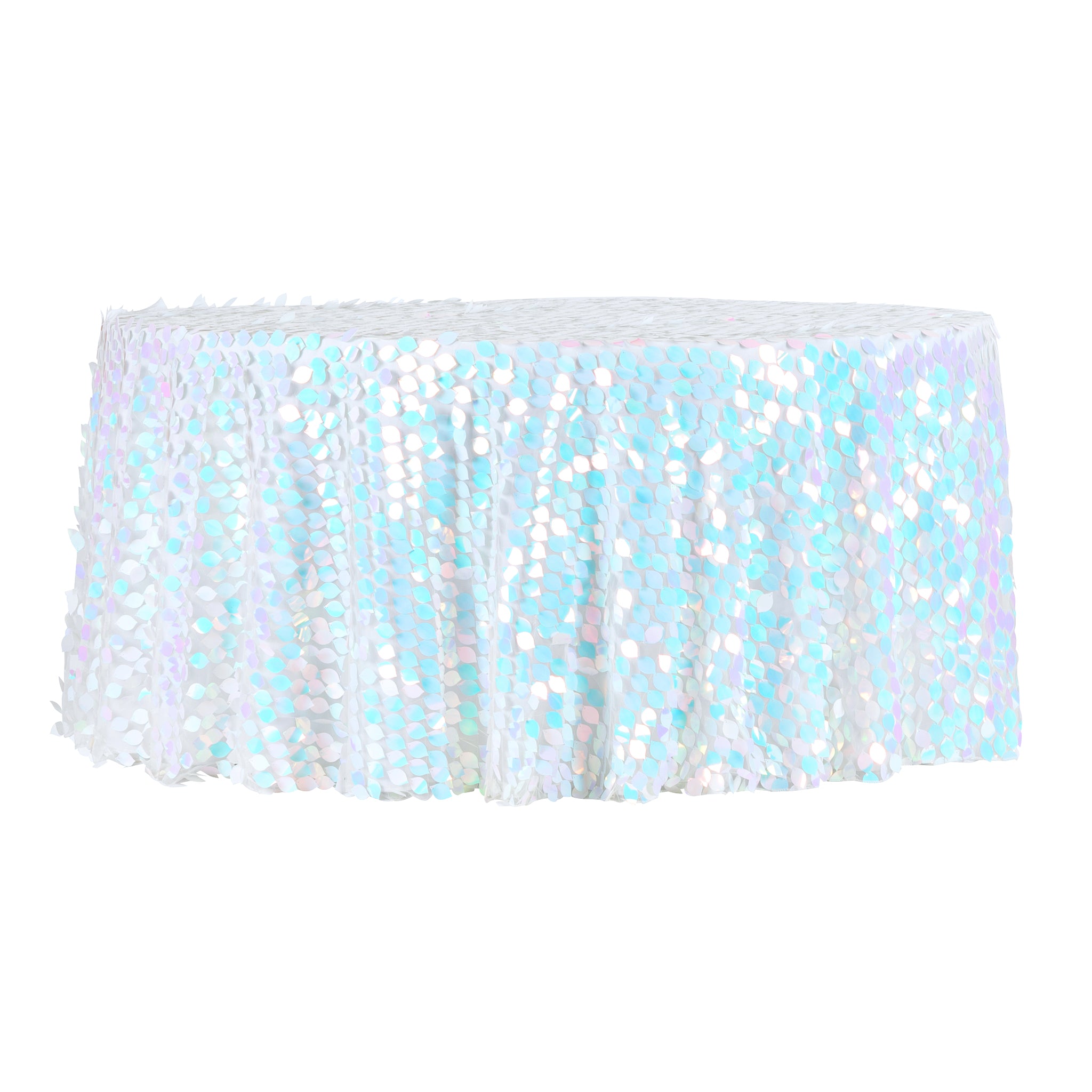 Leaf Payette Sequin Round 120-Inch Tablecloth - Iridescent White for Wedding, Party & Special Events Decor