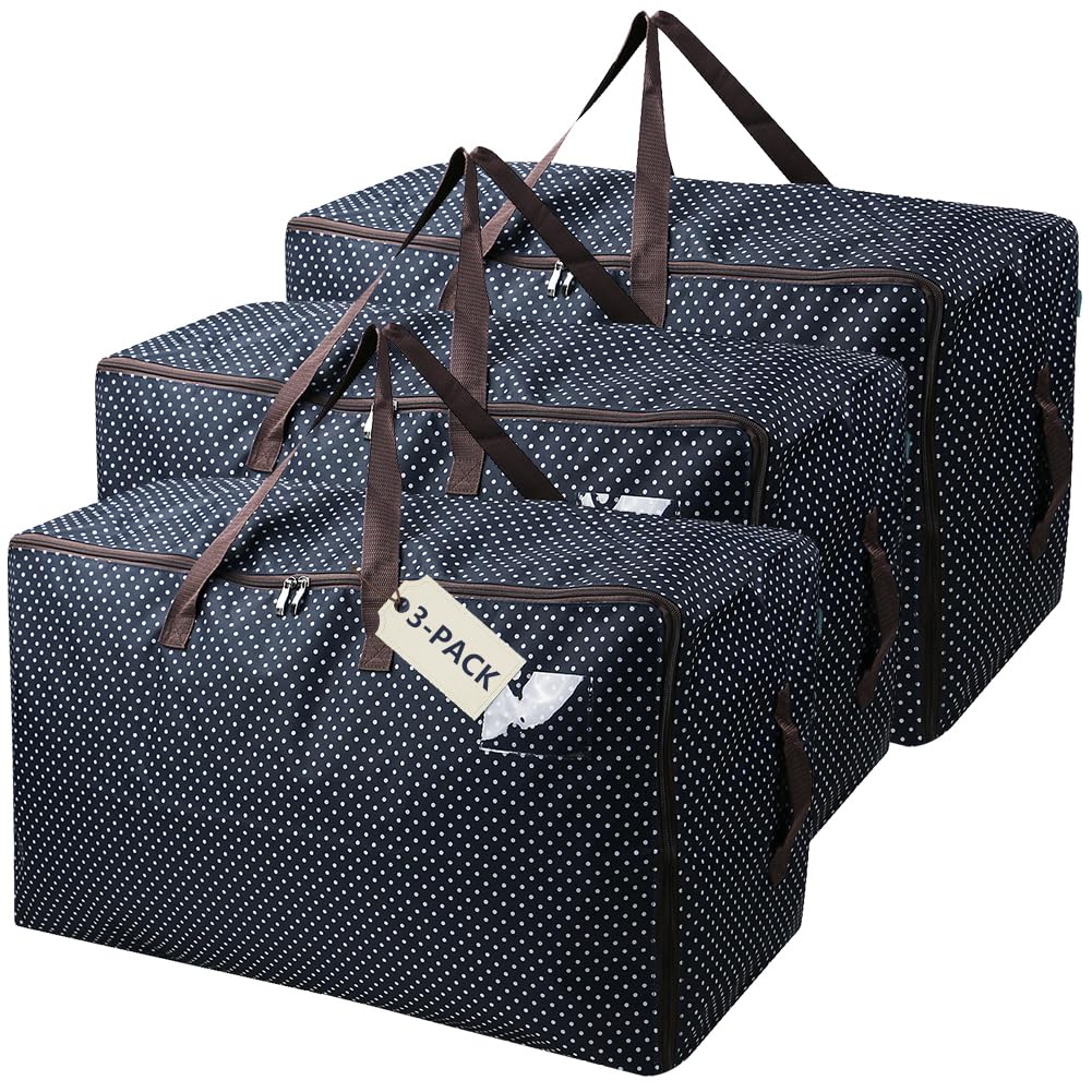 3-Pack Large Storage Bags 27.5x16.5x13.8 Inches - Waterproof 3-Side Zipper Duffel Organizer for Travel, Moving & Bulk Storage - Durable Black Dot Design with Handles - Perfect for Closet Organization, Camping Gear & Home Decluttering