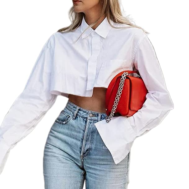 KMBANGI Women's Fashion Cropped Shirt - Long Sleeve Button Down Blouse with Sexy Collar & Irregular Hem | Streetwear Style for Casual Outings & Nightlife