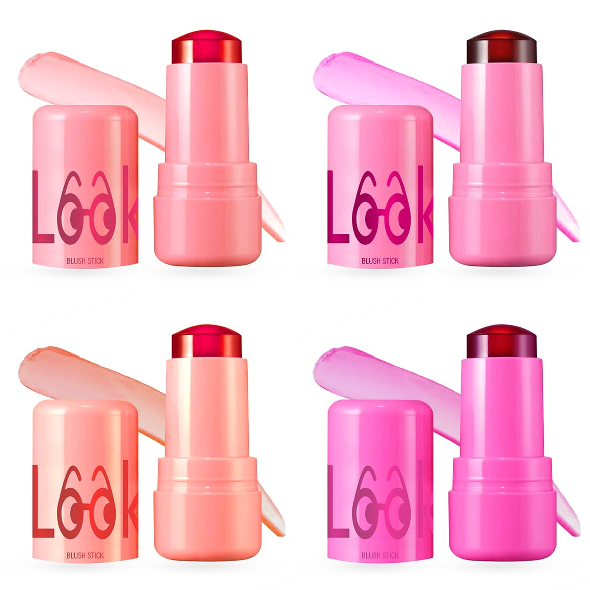 LOOKLOOK Jelly Blush Stick - 4pcs Set of Natural Milk Tint for Lips, Cheeks & Eyes | Long-Lasting, Buildable Color with Sheer Illuminating Finish | Perfect for Everyday Makeup, No-Makeup Looks & On-The-Go Touch Ups