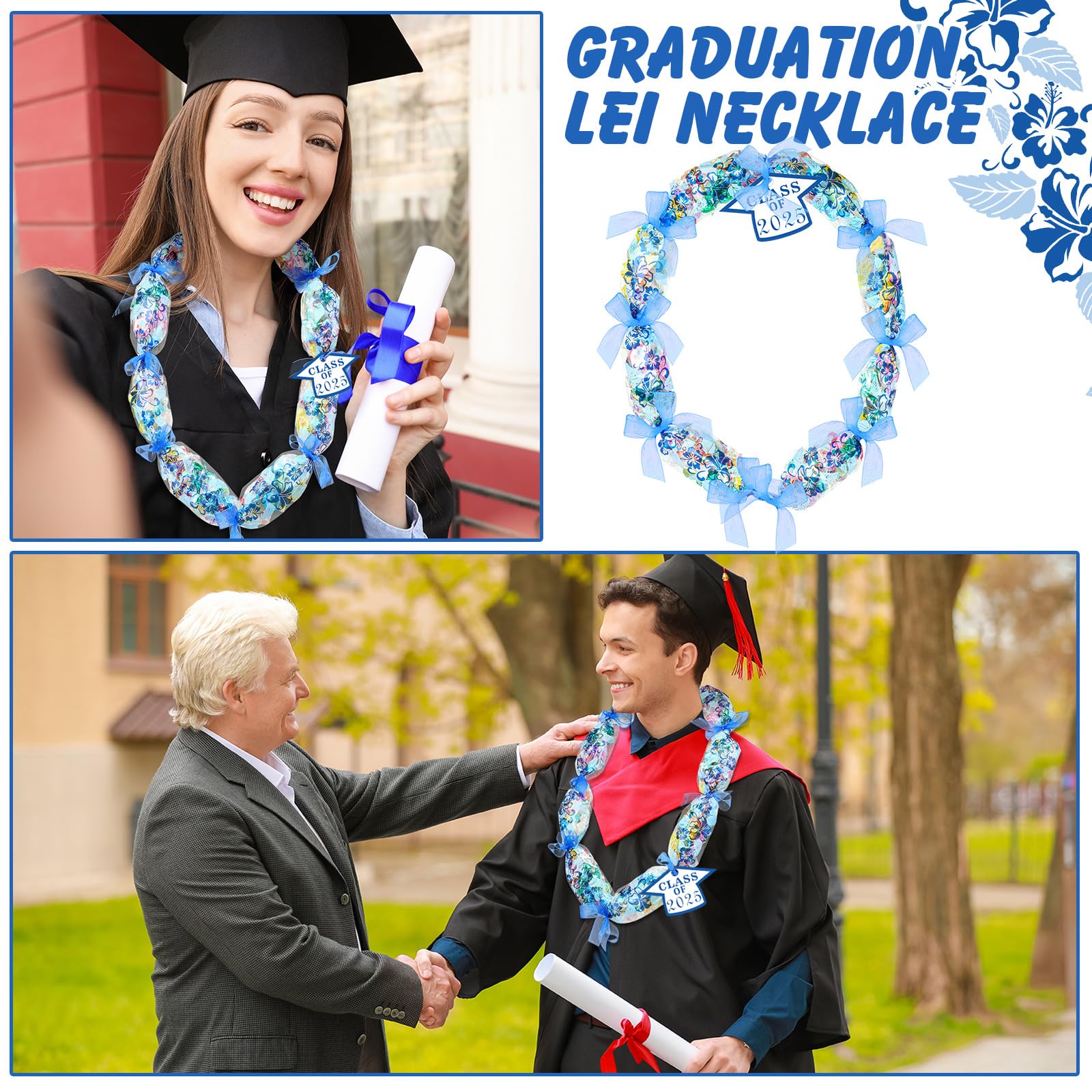 Junkin 24 Set Candy Lei Making Kit for Graduation - Class of 2025 Hawaiian Party Decorations with Long Ribbons, Dessert Filler & Graduate Gifts (Blue) | Perfect for Graduation Parties, Hawaiian Themed Events & DIY Gift Giving
