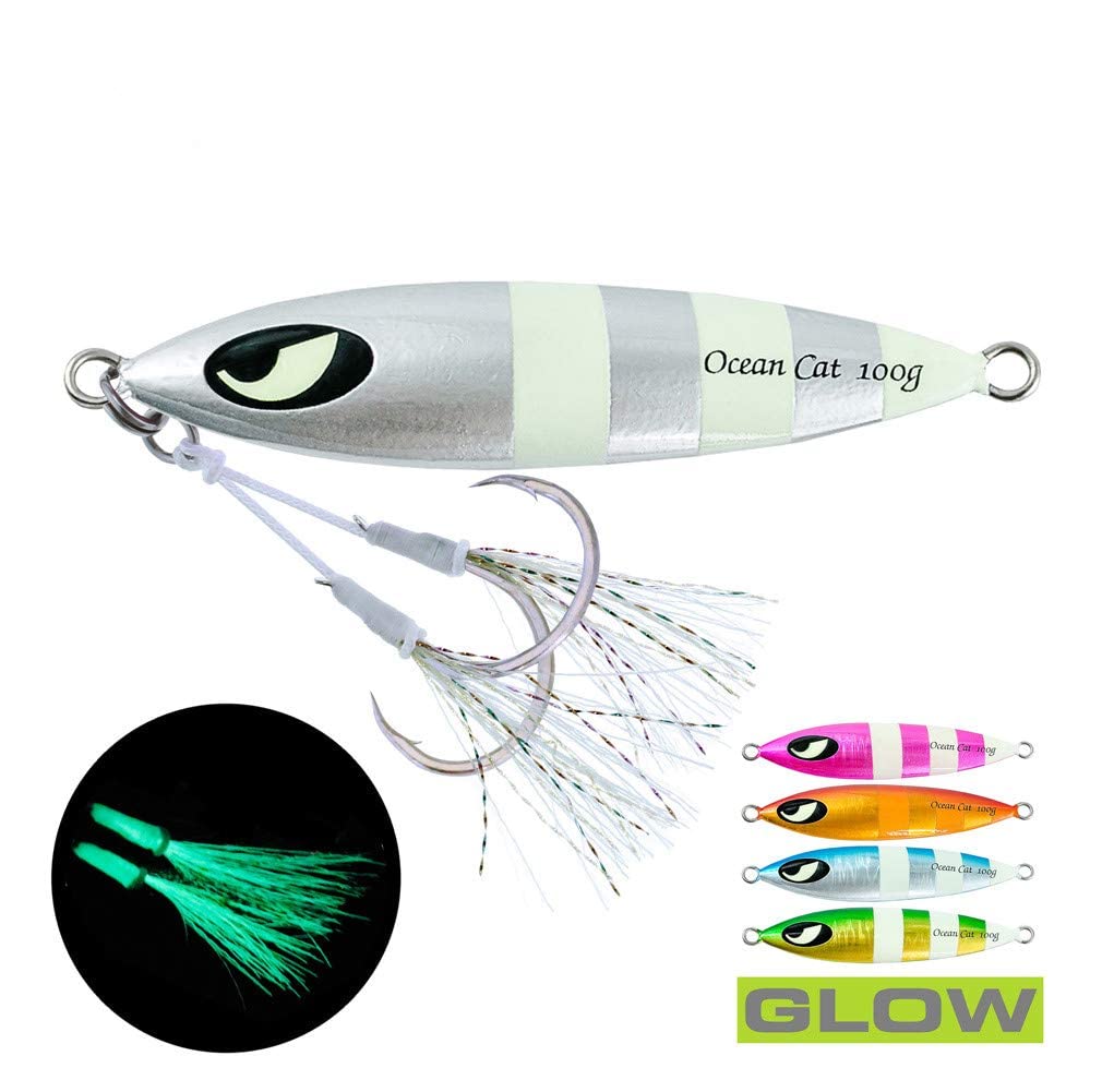 OCEAN CAT Slow Sinking Metal Jig Lures with Hook - 1PC Lead Flat Jigging Bait for Saltwater Fishing | Perfect for Deep Sea, Pier & Shoreline Angling