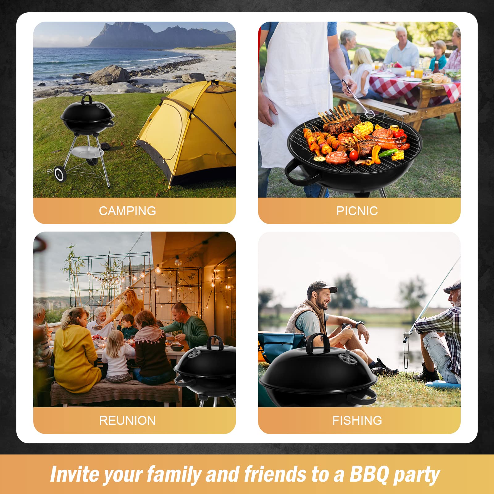 SunJas 22-Inch Round Charcoal BBQ Grill - Portable Outdoor Garden Grill with Lid & 2 Wheels (46x44x70cm) - Perfect for Backyard, Camping, and Picnic Barbecues