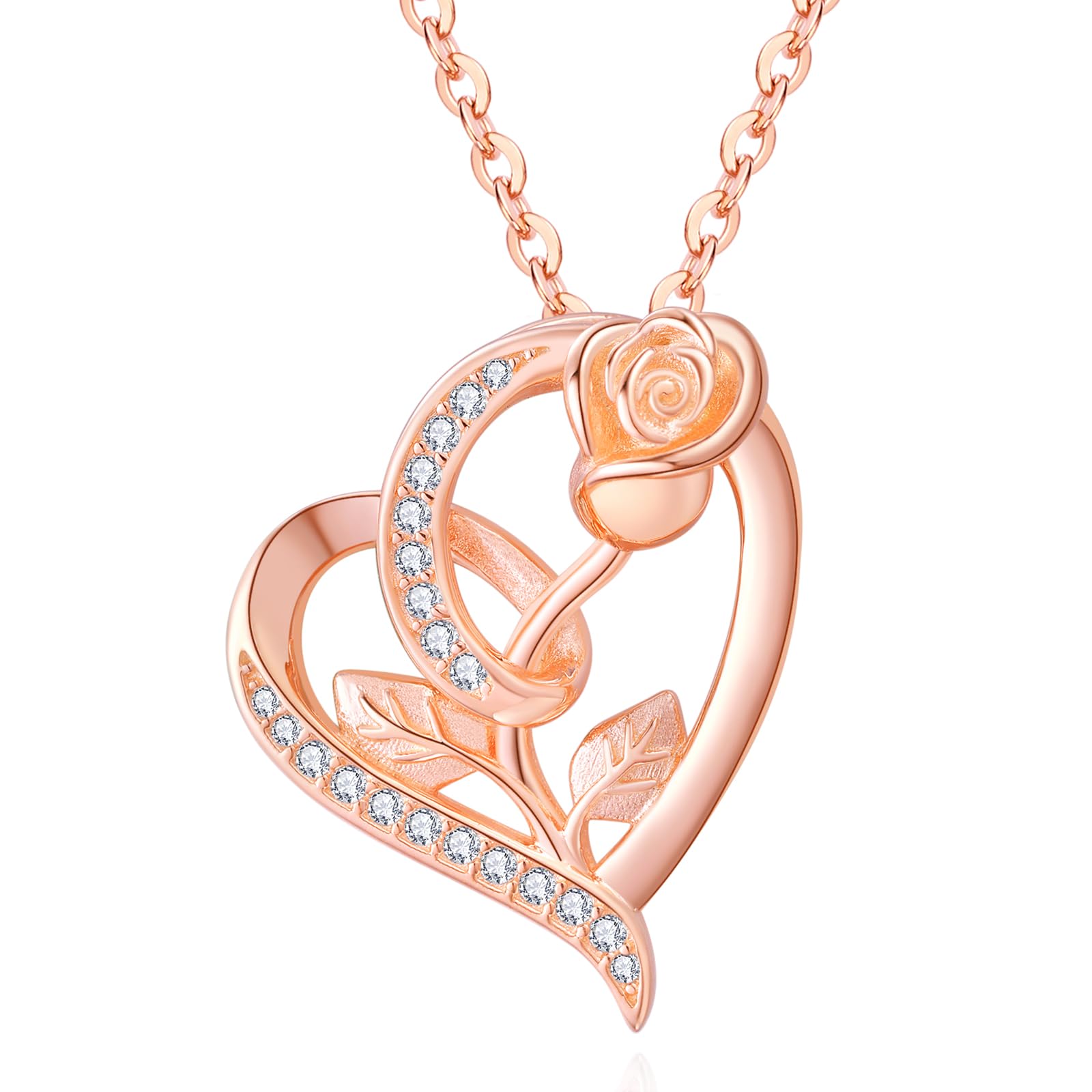 925 Sterling Silver Rose Flower Necklace with Heart Pendant - Elegant Rose Gold Jewelry Gift for Women, Girls & Mom | Perfect for Valentine's Day, Anniversary, Birthday & Special Occasions