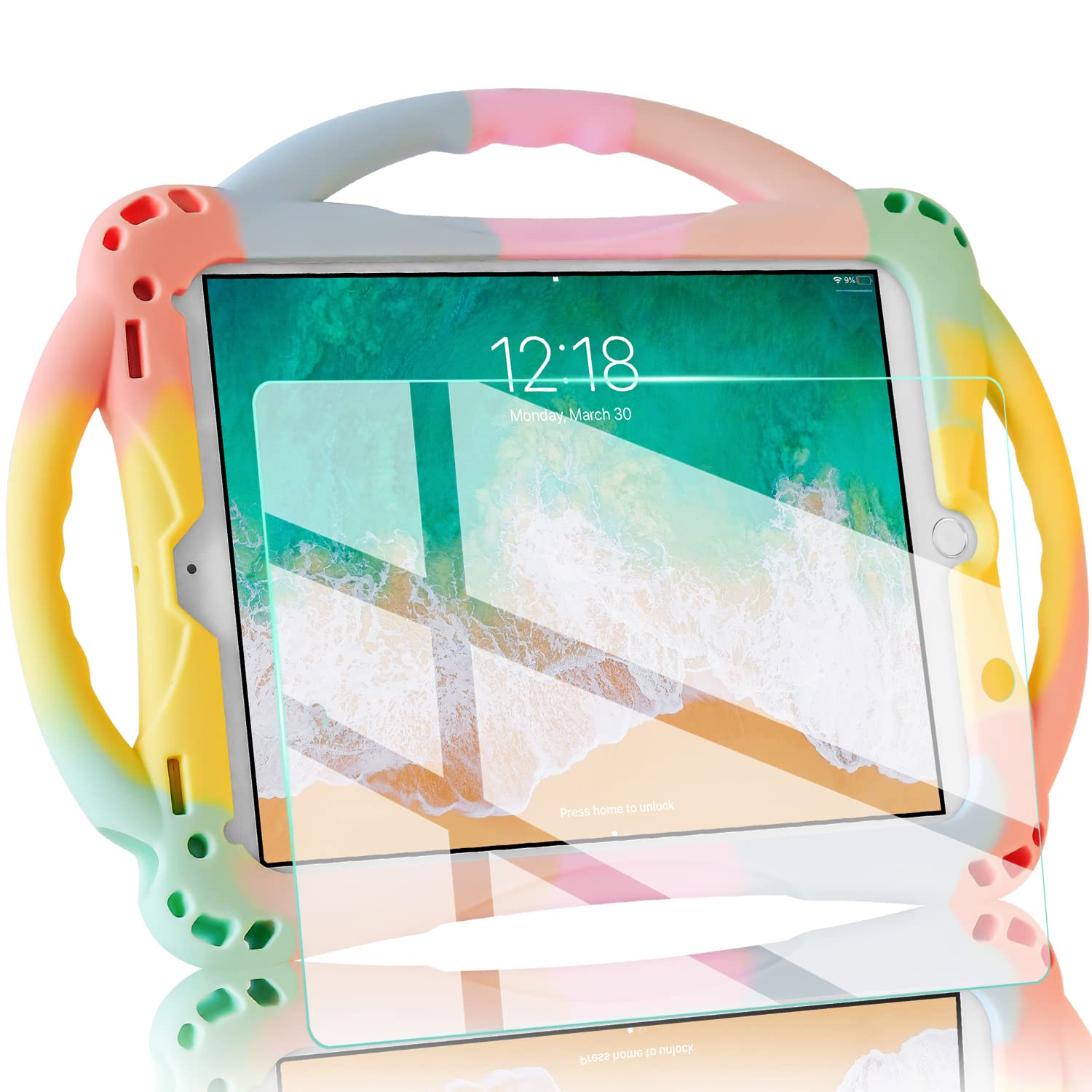 Shockproof Kids iPad Case for iPad 6th/5th Generation & iPad Air/Air 2 (9.7 inch) - Durable Silicone Cover with Tempered Glass Screen Protector & Hand Strap - Perfect for School, Travel, and Home Use