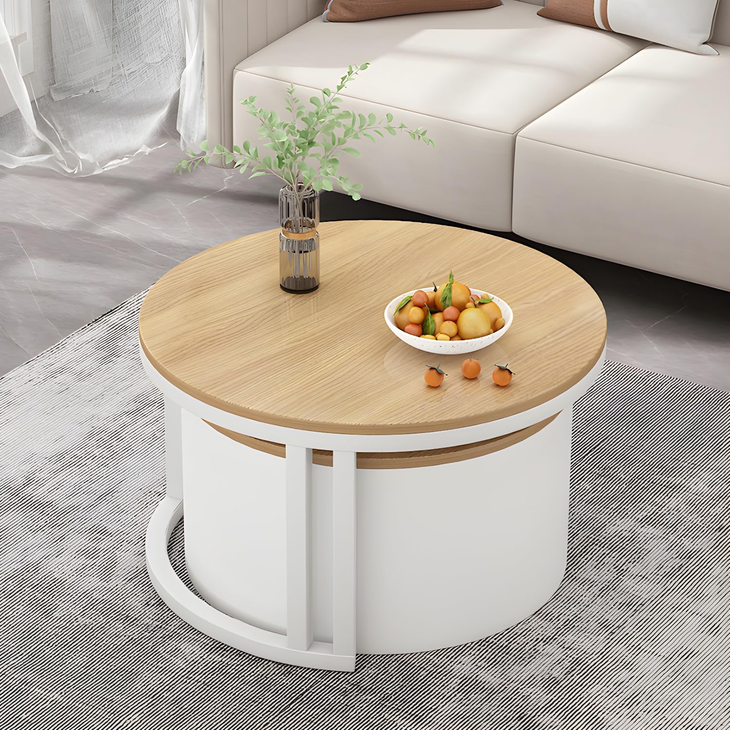 Modern Round Nesting Coffee Table with Steel Base & Storage - Black & Natural Finish for Living Room, Home Office | Space-Saving Center Table for Small Spaces & Stylish Home Decor