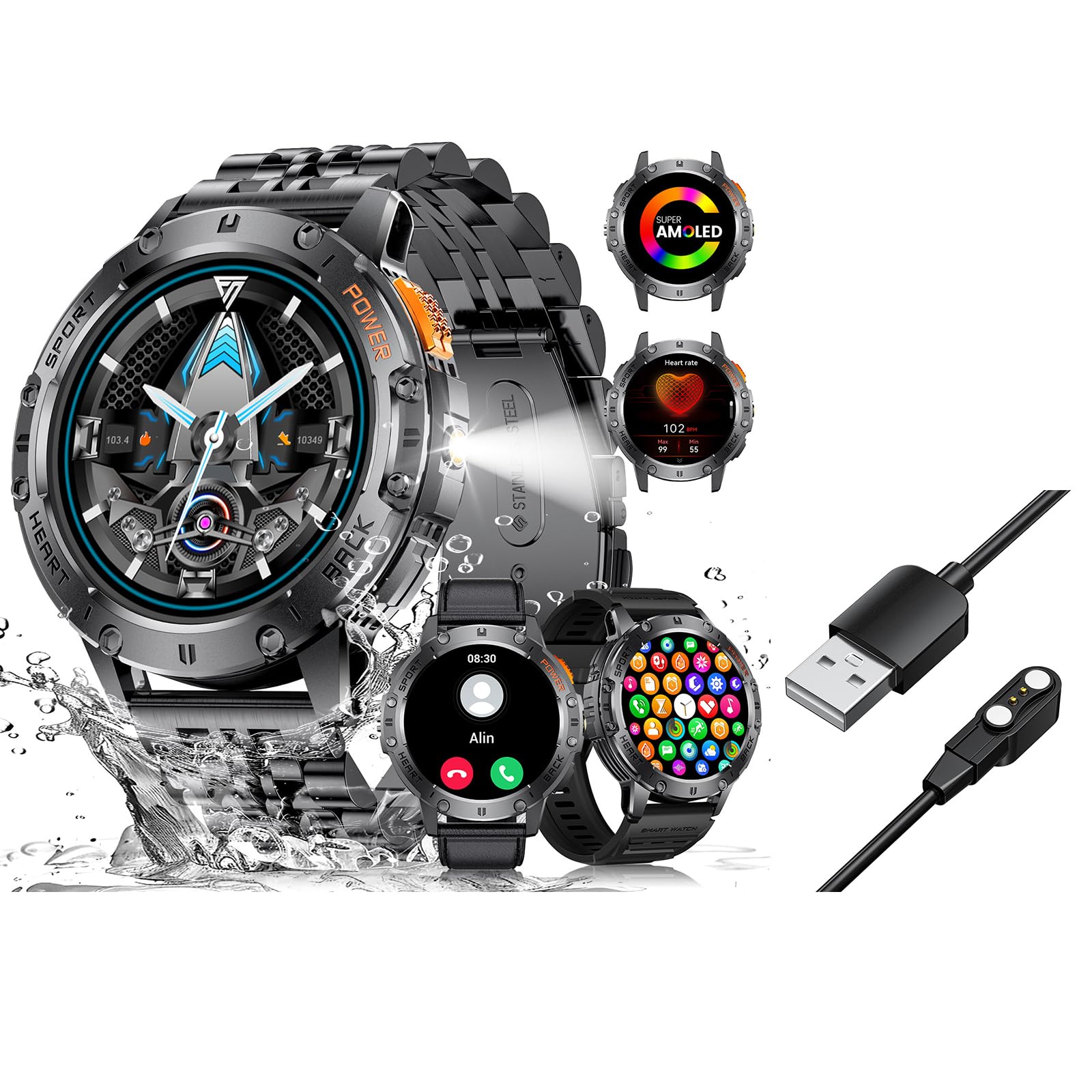 EF5 Smart Watch for Men with 2 Magnetic Charger Cables - Fitness Tracker, Heart Rate Monitor & Waterproof Activity Watch for Running, Workouts & Daily Use