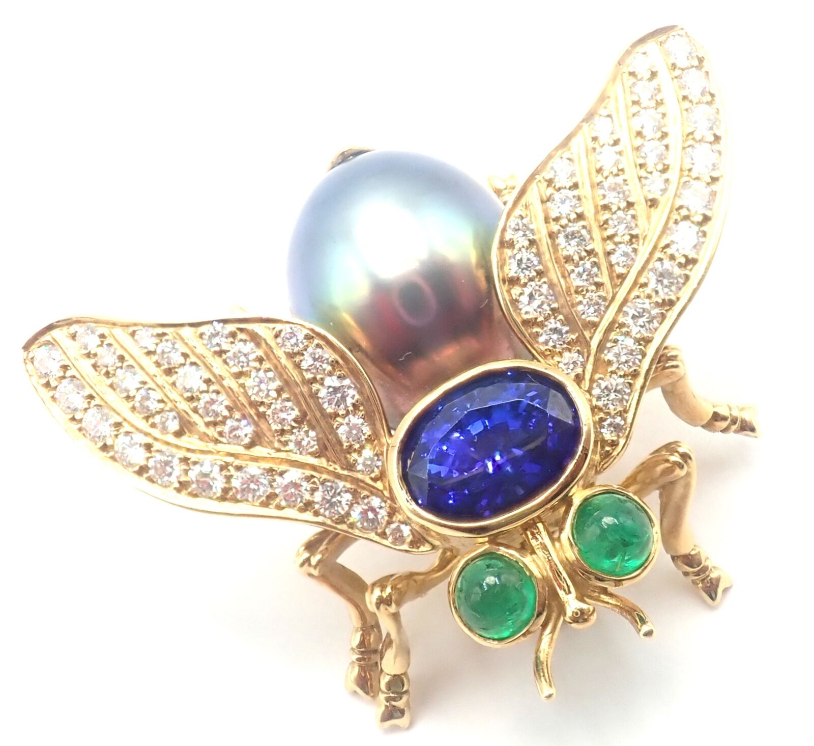 Tiffany & Co 18k Gold Diamond Tahitian Pearl Tanzanite Emerald Fly Pin Brooch - Luxury Jewelry for Women, Perfect for Weddings, Parties & Special Occasions