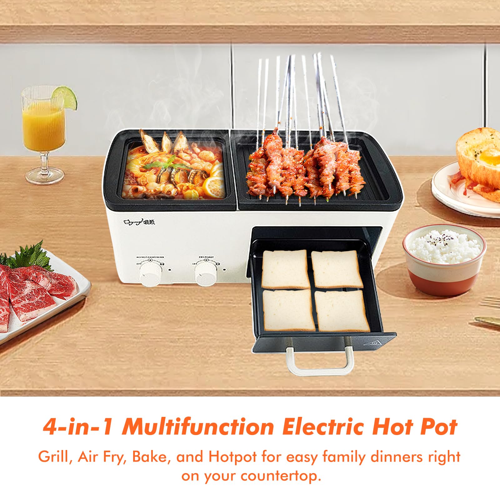Yangming 4-in-1 Breakfast Sandwich Maker with Grill, Toaster & Frying Basket - Removable Nonstick Plates, Dual Temp Control - Perfect for Eggs, Burgers & Quick Breakfasts (Ideal for Busy Mornings, Dorms & Small Kitchens)