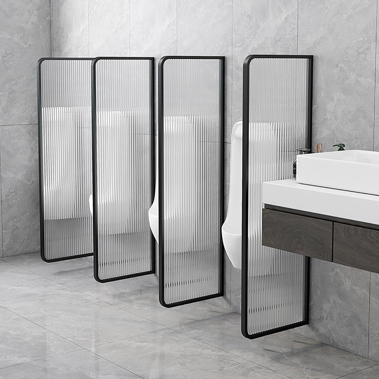 Translucent Glass Urinal Partition Wall Divider - Floor-Standing & Wall Mounted Waterproof Bathroom Separator for Restroom, Toilet (Black, 43.3 Inch/110cm) - Ideal for Commercial & Public Restrooms, Offices, and High-Traffic Bathrooms