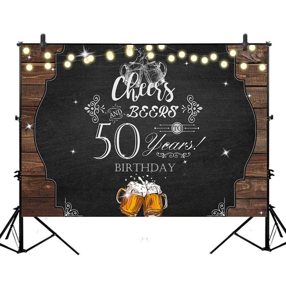Avezano 8x6ft Cheers and Beers 50th Birthday Backdrop - Happy 50th Birthday Party Background with Vinyl Glitter Lights, Rustic Decor for Adult Men's Birthday Party Supplies | Perfect for Milestone Celebrations & Photo Booths