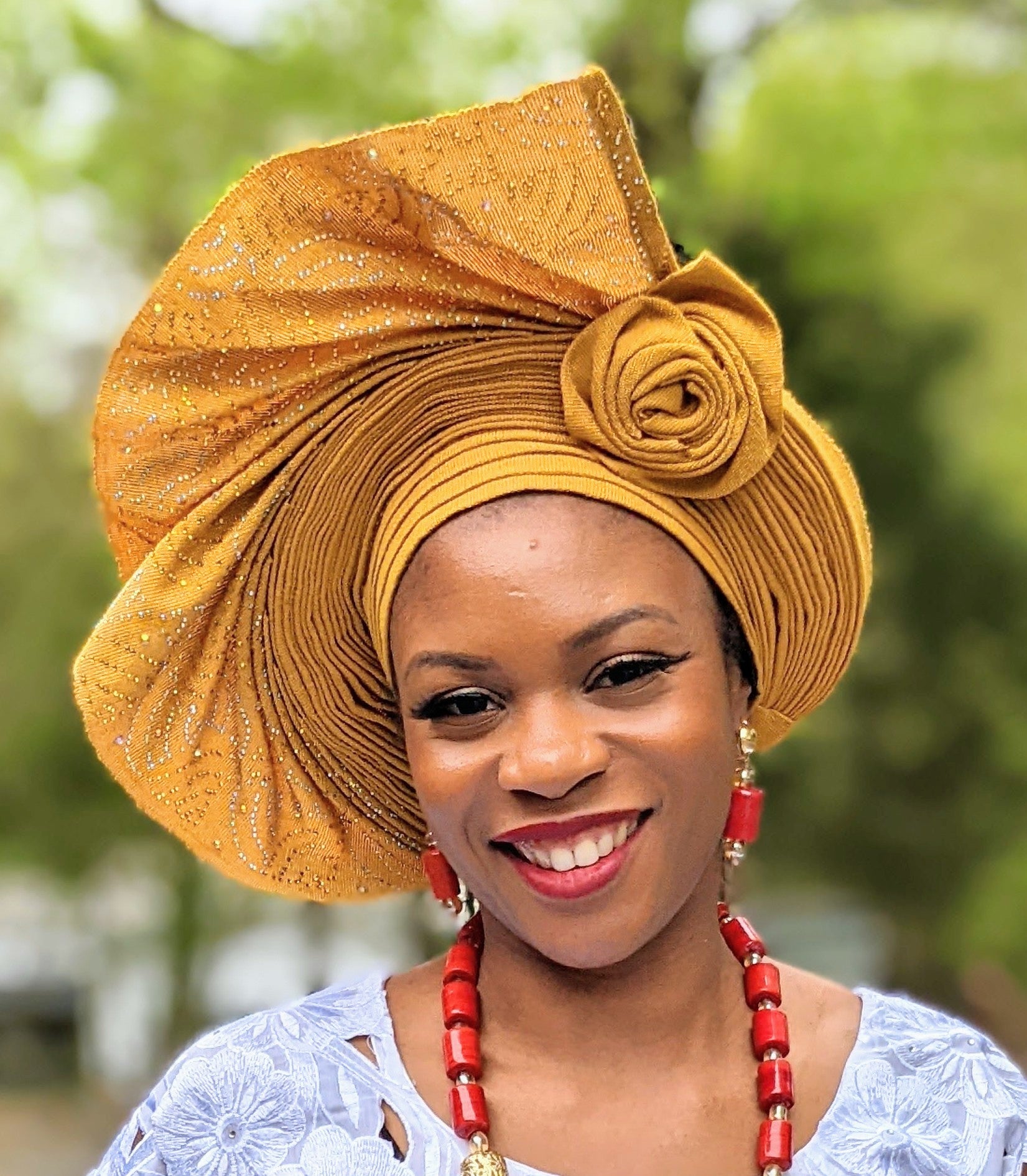 Gold Shayo African Pre-Tied Aso Oke Ready Auto Gele Head Wrap Hat with Rhinestones - Elegant Brooch Style for Weddings, Parties & Special Occasions