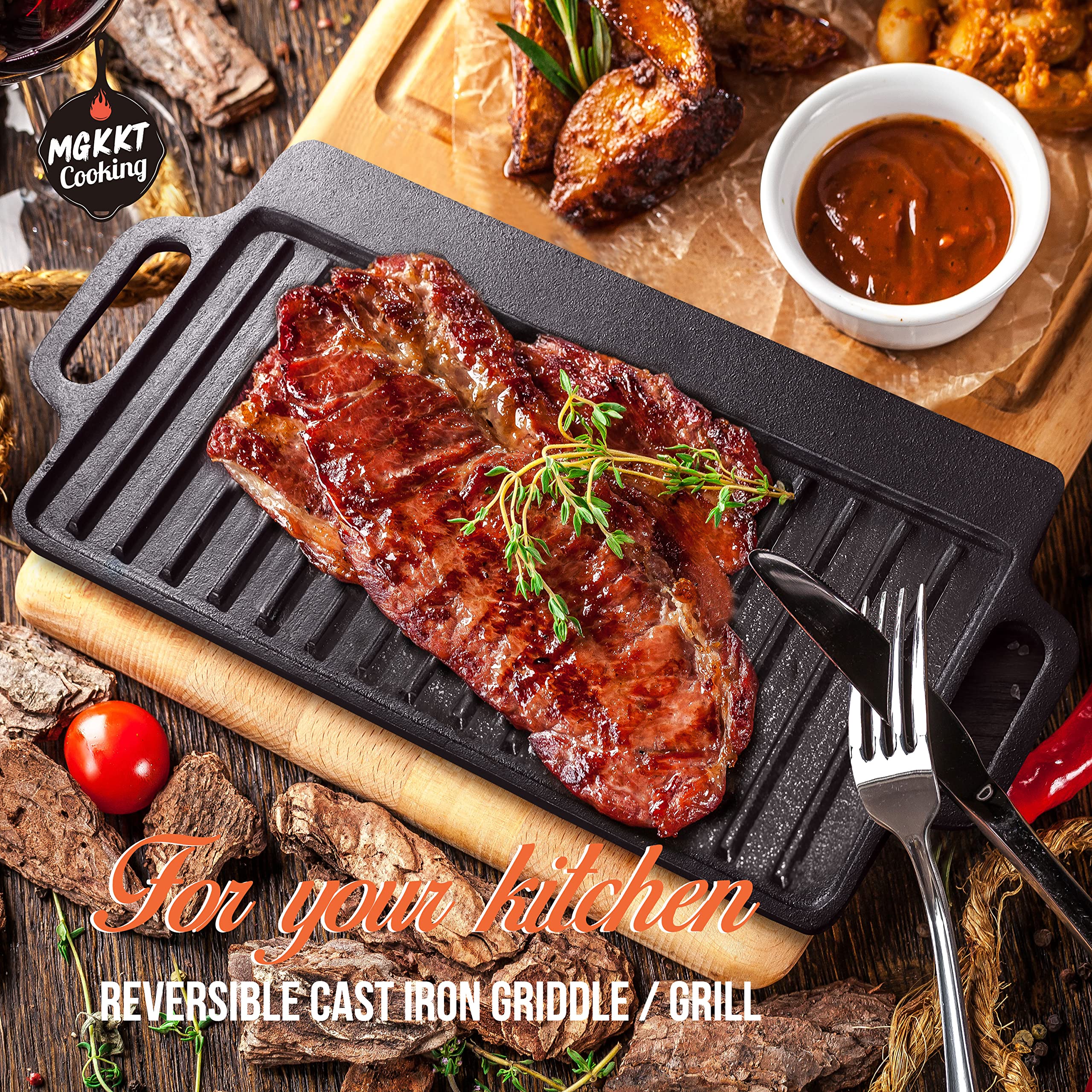 13 Inch Reversible Pre-Seasoned Cast Iron Griddle Plate - Double Sided Grill Pan for Gas Stove, Oven & Campfire - Perfect for Pancakes, Steaks & Outdoor Cooking
