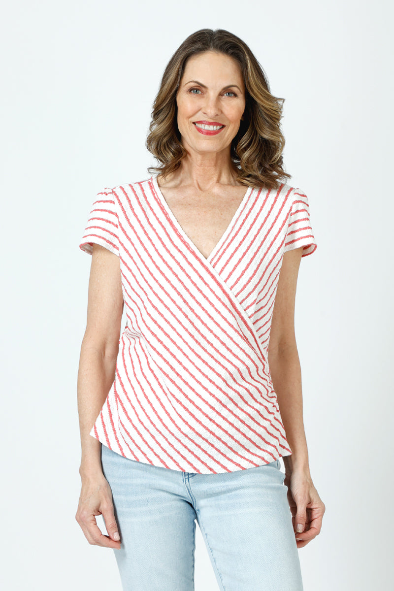 Trendy Pucker Stripe Cap Sleeve Surplice Blouse for Women | Flattering V-Neck Summer Top | Perfect for Office Wear, Date Nights & Casual Outings