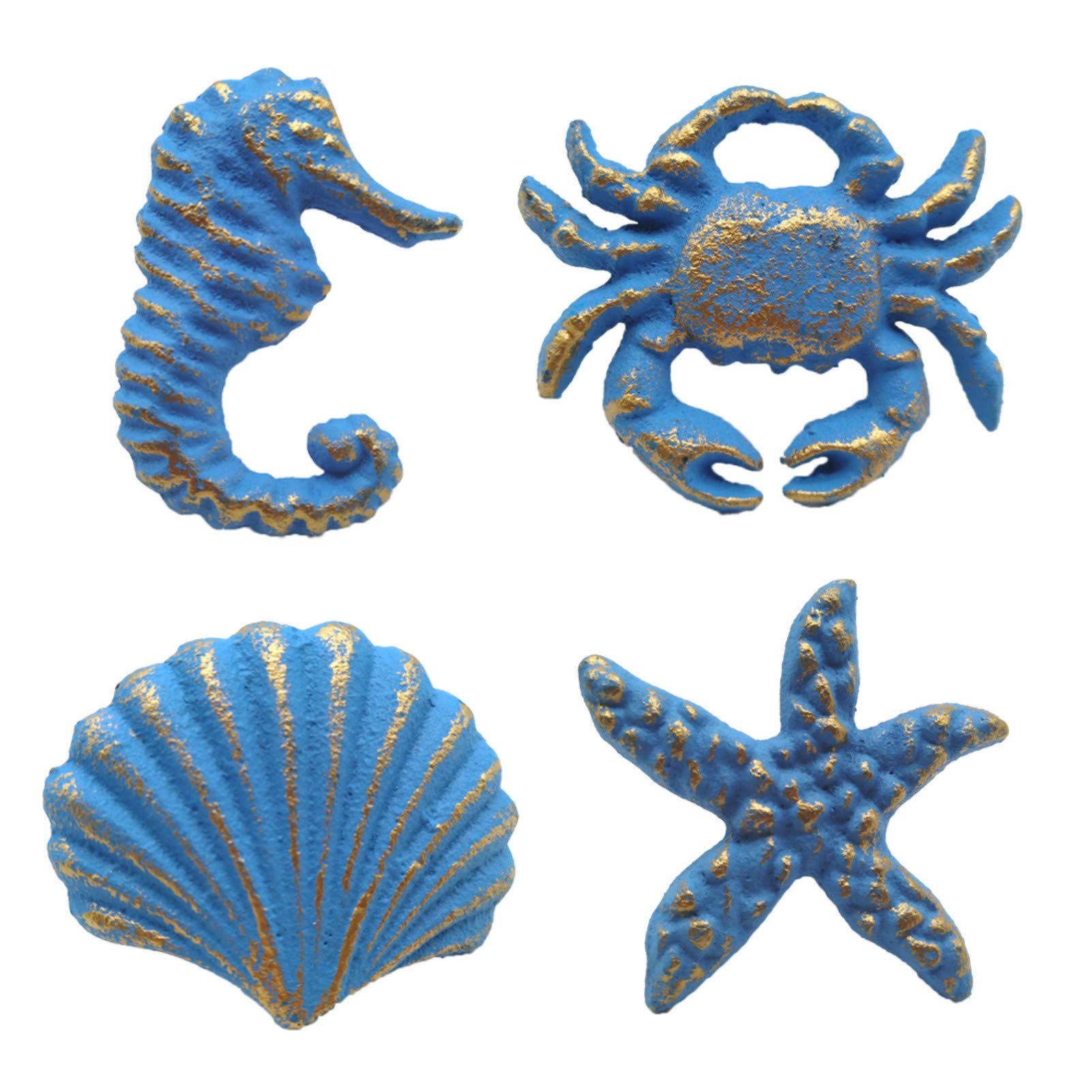 Ocean-Themed Cabinet Knobs - Seahorse, Starfish, Seashell & Crab - Pack of 4 (Blue) - Perfect for Beach House Kitchen & Bathroom Decor