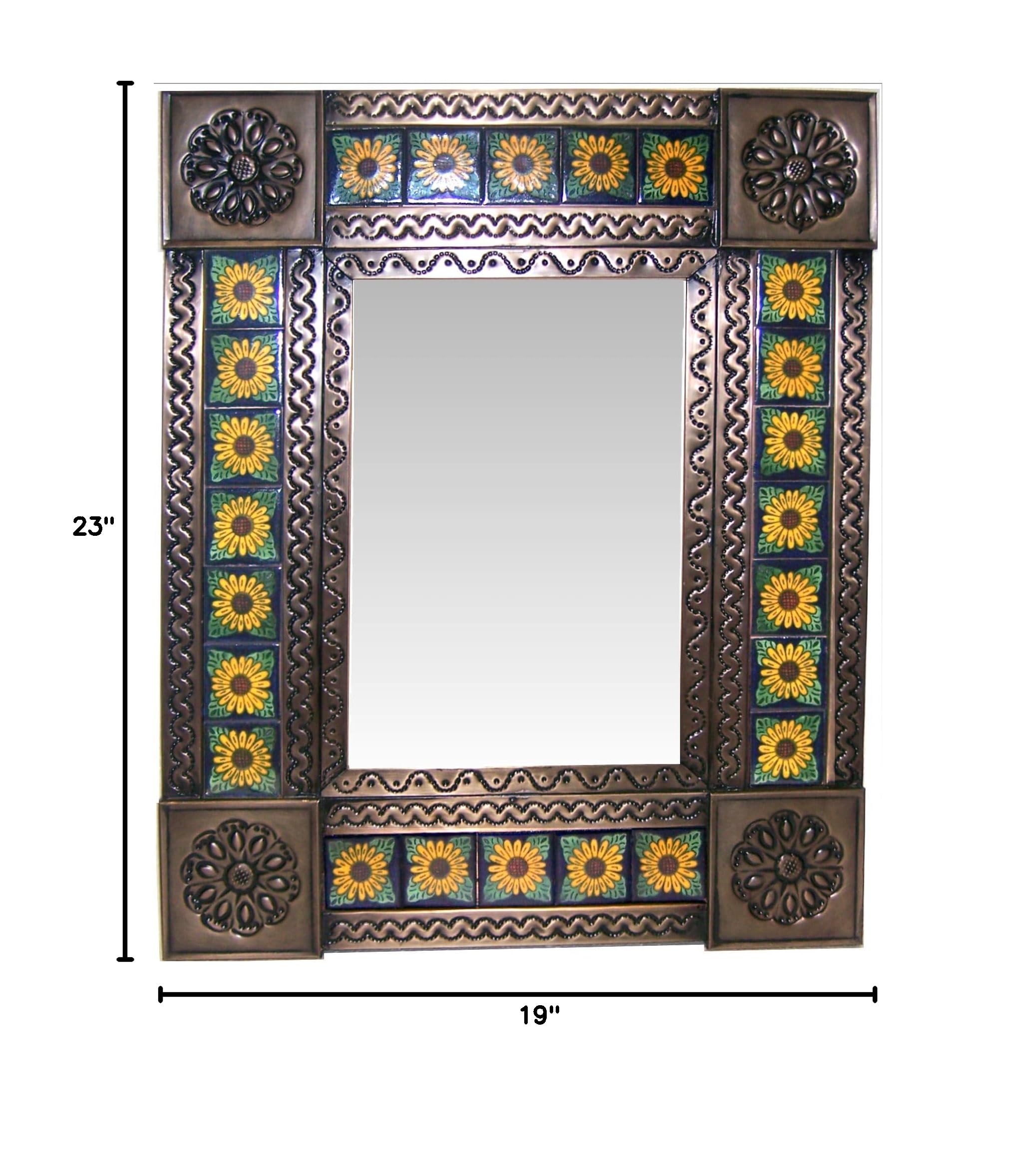 Handmade Talavera Sunflower Tile Tin Mirror - Mexican Folk Art Wall Decor for Bathroom, Kitchen, or Outdoor Patio
