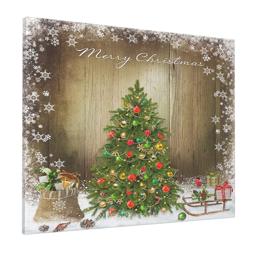 WONDERTIFY Christmas Tree Wood Canvas Wall Art - Hand-Painted Snowflake Decor for Home, Office, Living Room & Bedroom - 20x24 Inch Brown Framed Holiday Artwork - Perfect for Festive Season Decorating & Winter Home Accents