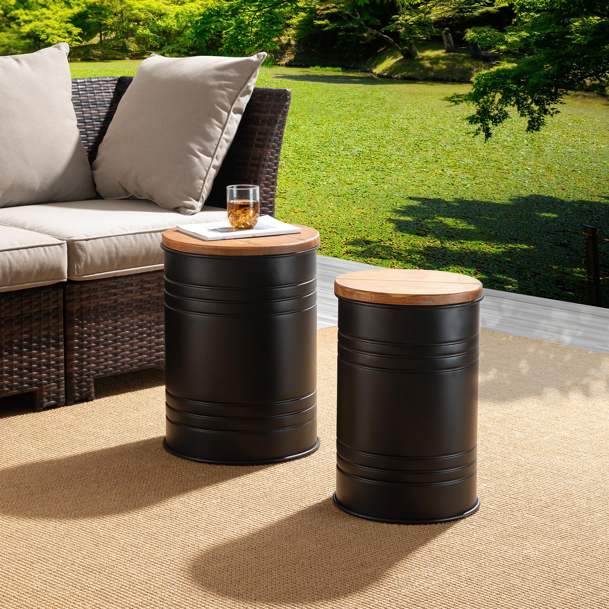 Glitzhome 4-Piece Galvanized Metal Side Table Set with Wood Lids - Rustic Farmhouse Barrel Toy Storage Bins & Ottoman Stool - Large Storage Space for Living Room, Bedroom, Office, Nursery - Black (Perfect for Home Decor, Organization & Extra Seating)