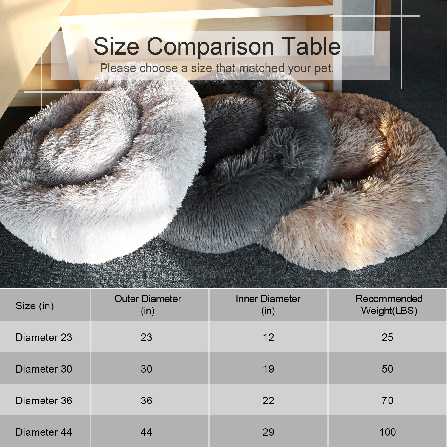 Soft Faux Fur Donut Pet Bed - Round Plush Cuddler for Dogs & Cats, Calming Bed for Small Medium Large Pets - Perfect for Home, Crate & Travel Use