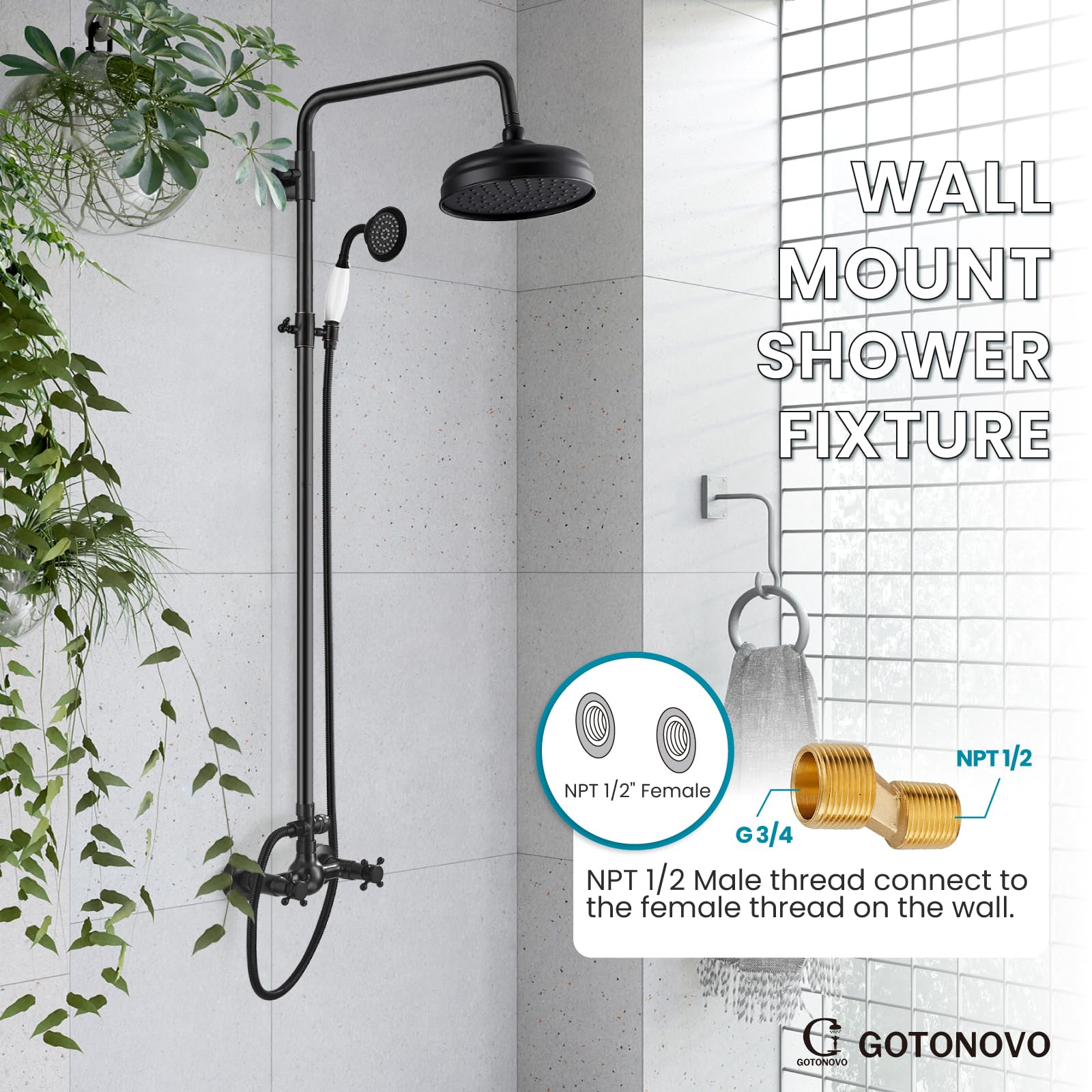 Luxury Exposed Shower Faucet Set - 8 Inch Wall Mount Rainfall Shower Head with Handheld Spray & Cross Double Handle - Oil Rubbed Bronze Finish - Adjustable Straight Rod - Perfect for Modern Bathroom Renovation & Spa-Like Shower Experience