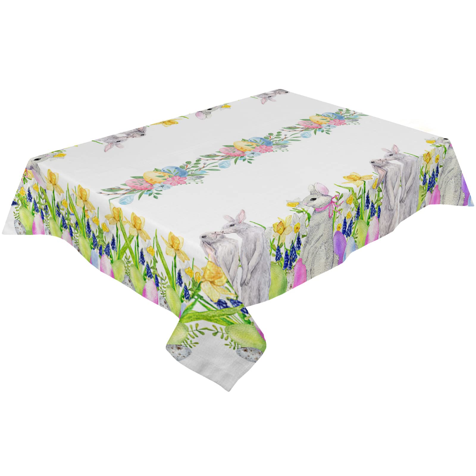 Easter Tablecloth - Bunny Eggs Flowers Waterproof Oil-Proof Spillproof Table Cover for Kitchen Dining, Spring Floral Rabbit Design, 54x108 Inches - Perfect for Easter Decorations, Holiday Parties, and Family Gatherings