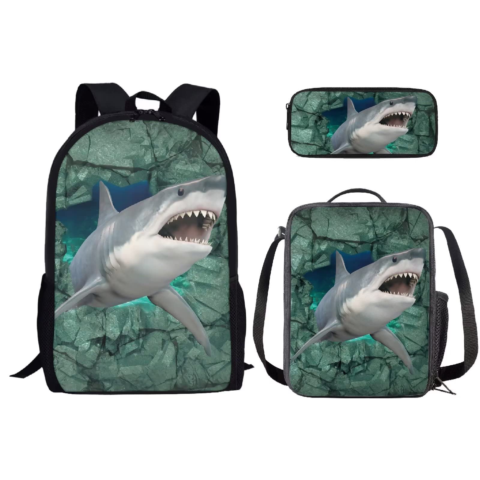 UNICEU 3D Ocean Shark Printed Kids School Backpack Set - 17 Inch Canvas Bookbag with Thermal Lunch Bag & Pencil Case for Boys Girls | Perfect for School, Travel & Outdoor Activities