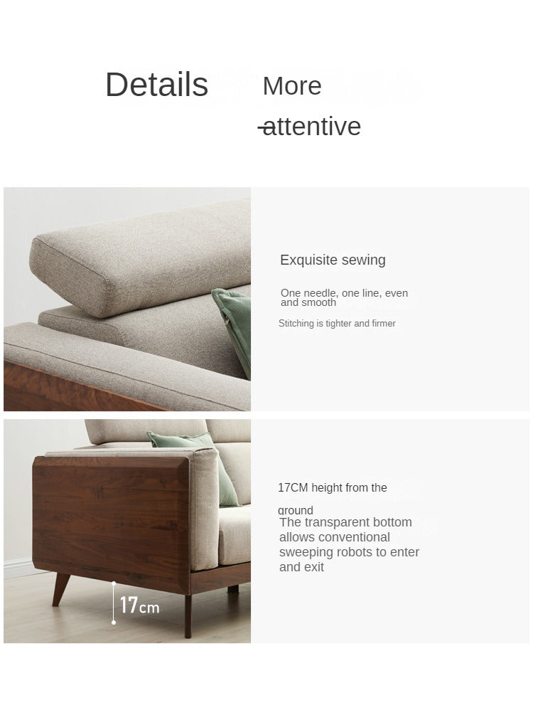 Premium Black Walnut & Ash Solid Wood Adjustable Headrest Sofa - Modern Living Room Furniture for Relaxation & Comfort