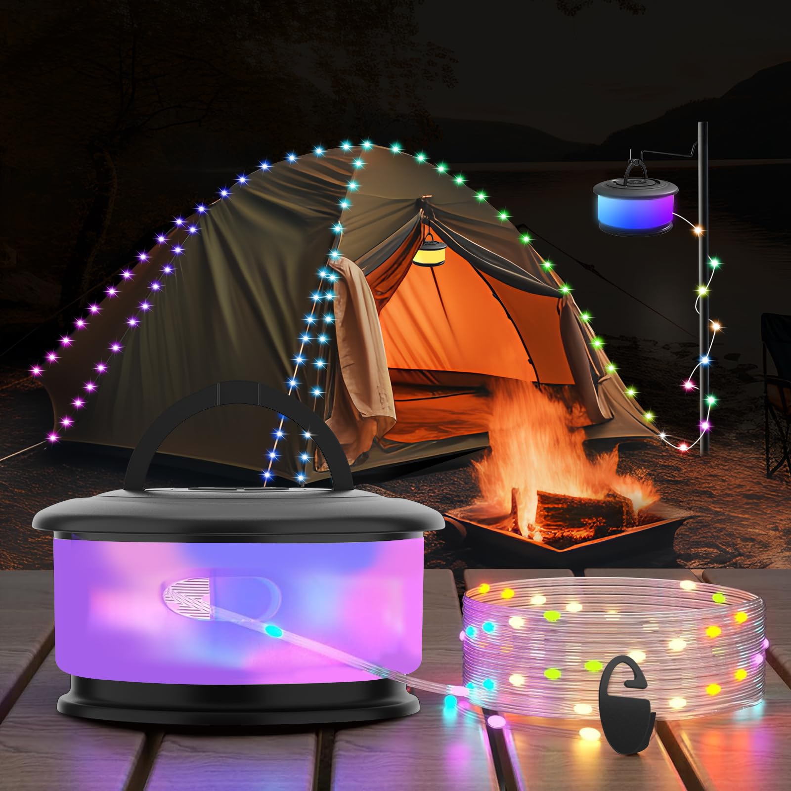 **19 Lighting Modes 32.8FT Rechargeable Camping String Lights - Outdoor Retractable LED Tent Lights for Camping, Party, Christmas & Backyard Decor (Black)**    **Perfect for:** Camping trips, garden parties, holiday decorations, backyard gatherings, and cozy outdoor ambiance.
