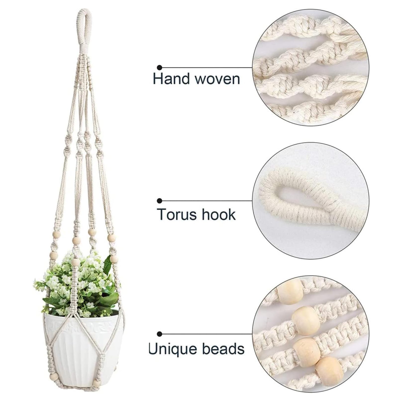 Macrame Plant Hanger 3 Pack - 35 Inch Handmade Cotton Rope Wall Hanging Planter with Beaded & Non-Tassel Design for Indoor & Outdoor Plants - Perfect for Herbs, Ferns, Ivy & Crawling Plants - Includes 3 Hooks for Stylish Home Decor, Boho Room & Garden Display