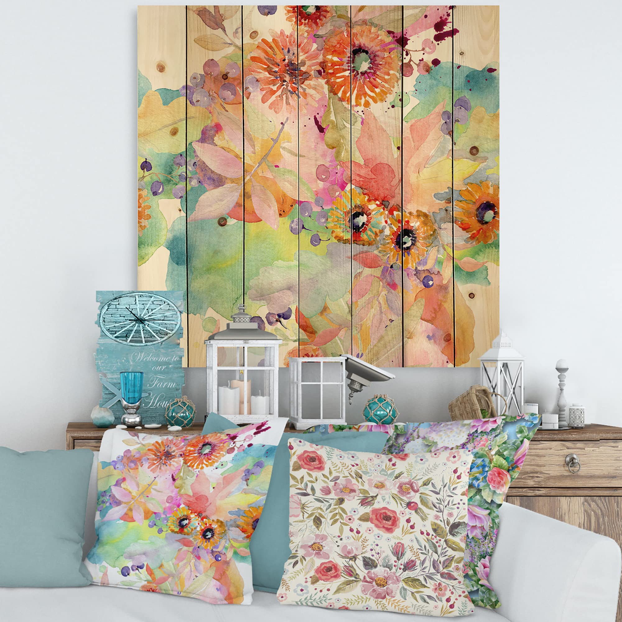 DesignQ Vibrant Wild Spring Leaves & Wildflowers Traditional Wood Wall Decor - Handcrafted Red Wood Art Panel with Floral Print on Natural Pine - Perfect for Living Room, Bedroom & Farmhouse Decor