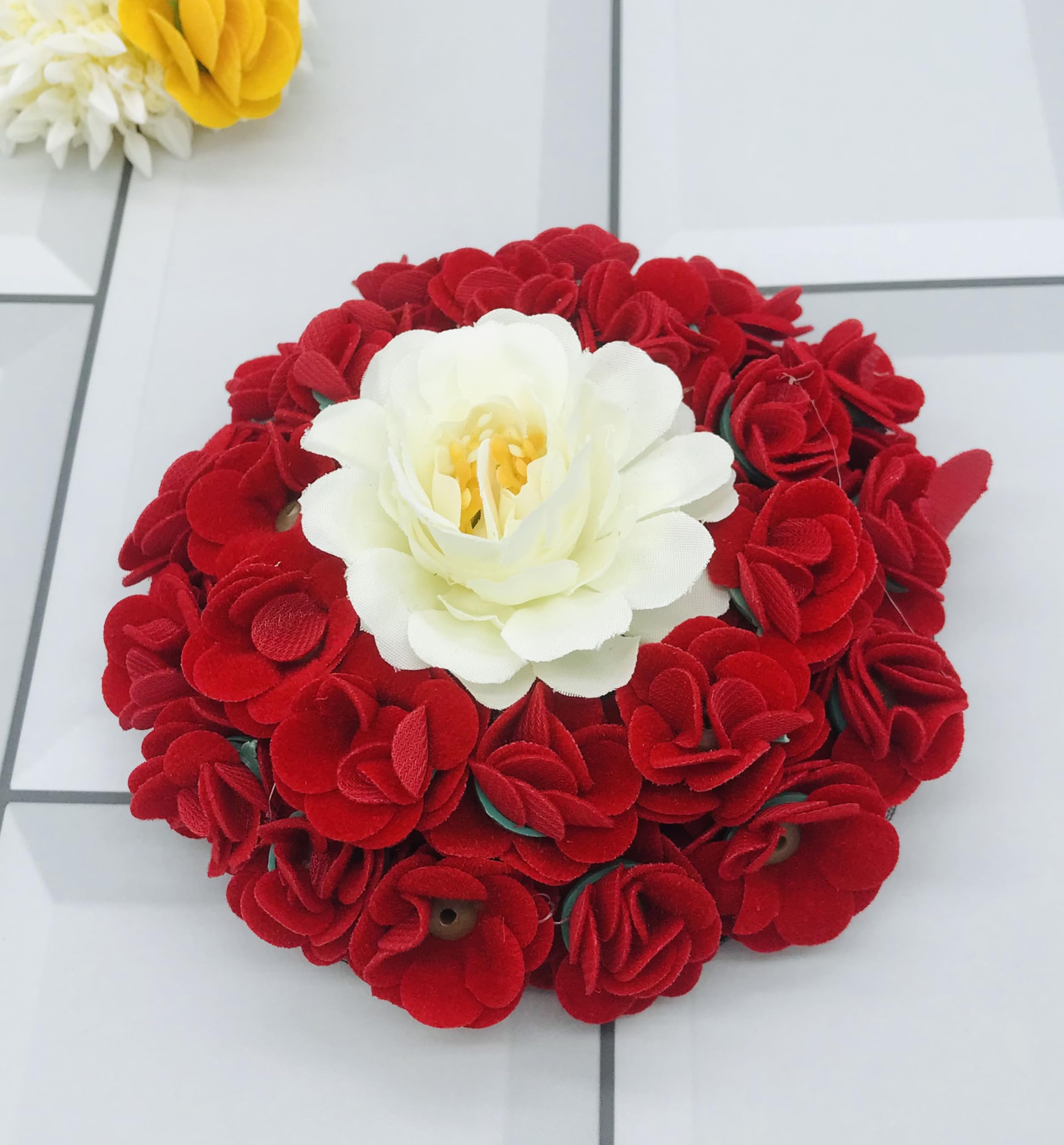 Gadinfashion™ Artificial Flower Bridal Hair Gajra - Red & White Hair Bun Flower Accessories for Women & Girls | Fake Floral Hair Jewelry for Weddings, Parties & Special Occasions