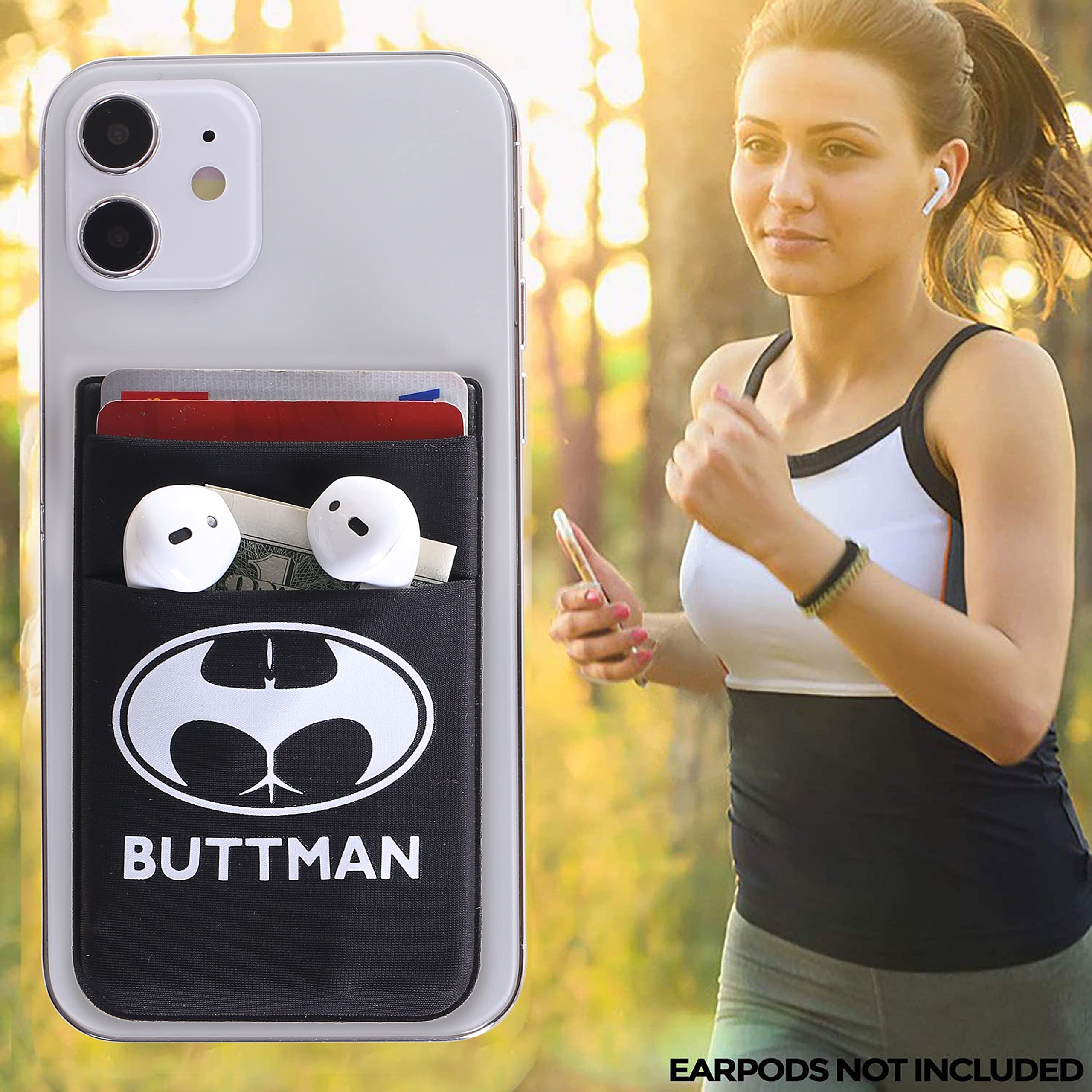 Stretchy Fabric Phone Wallet for iPhone - Stick-On Card Holder for Women, Cute & Funny Design (Black - Buttman) - Perfect for Hands-Free Shopping, Travel & Everyday Use