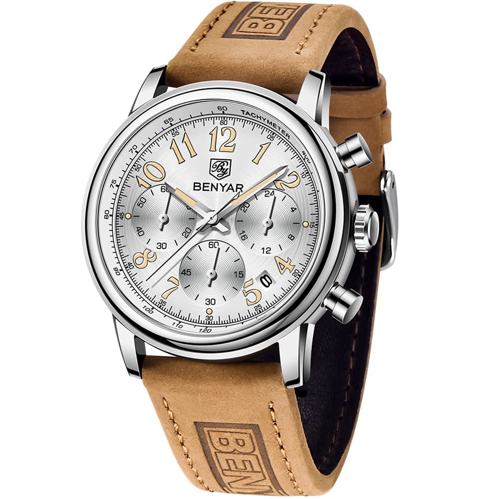 BENYAR Men's Quartz Waterproof Wrist Watch - Chronograph Date Display, Casual Sport Analog Watch with Leather Band (Gray, Blue, Black) | Perfect for Daily Wear, Office, Outdoor Activities & Gifts
