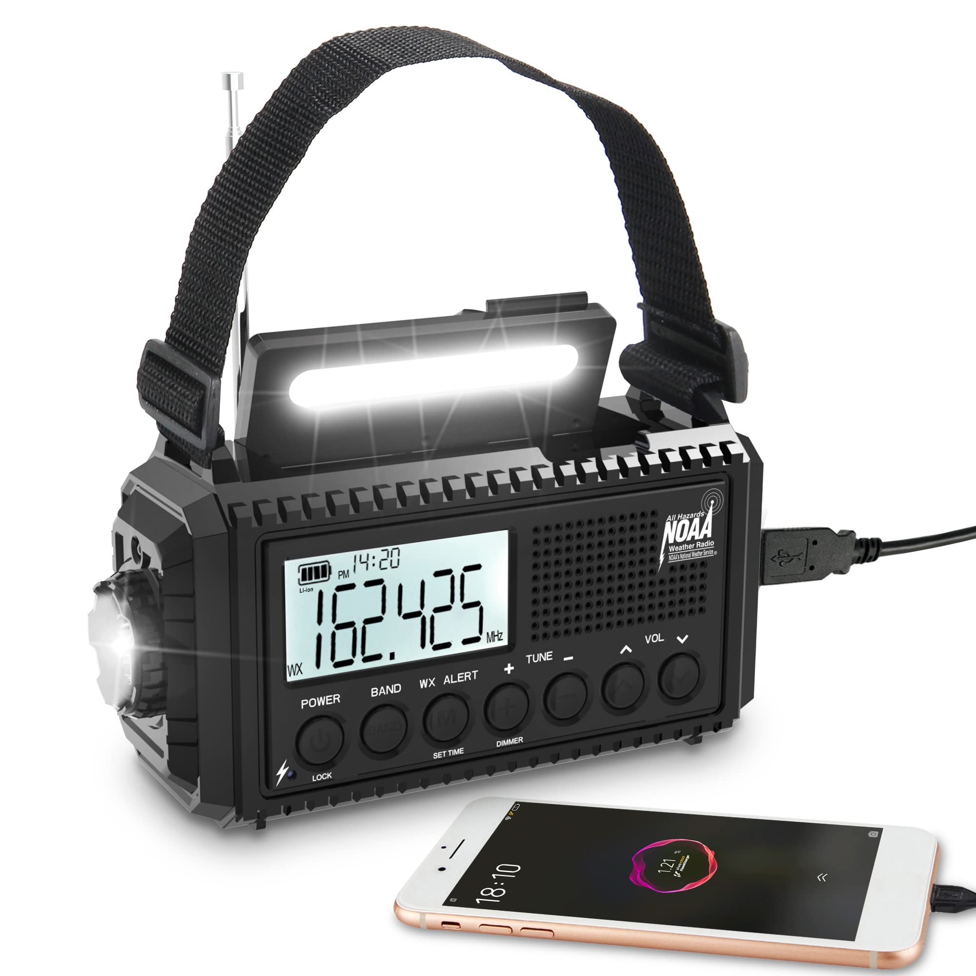 NOAA Weather Radio with Solar & Hand Crank - Digital Emergency AM/FM/Shortwave Radio, Backlit LCD Screen, 5 Power Options, Phone Charger, Reading Lamp & Flashlight for Camping, SOS Alarm, Clock - Perfect for Outdoor Adventures, Emergency Preparedness & Power Outages