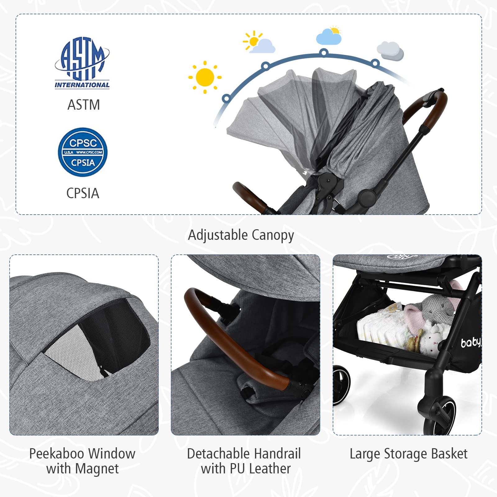Baby Joy Foldable Lightweight Stroller for Newborns & Infants - Reversible Seat, Adjustable Canopy, 5-Point Safety Harness, Shock-Absorbing Wheels & Storage Basket (Gray) - Perfect for Park Walks, Shopping & Travel