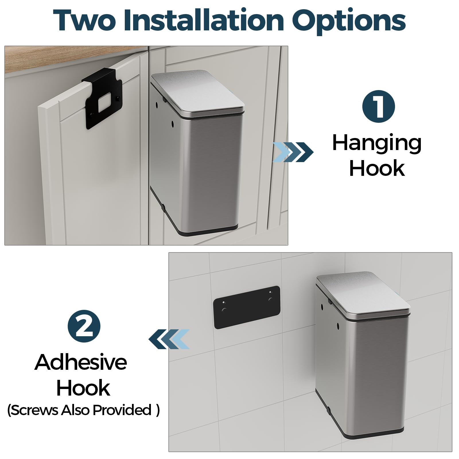 Stainless Steel Hanging Trash Can with Lid & Inner Bucket - 2 Gallon Kitchen Compost Bin for Countertop, Under Sink or Wall Mount - Small Garbage Can for Cupboard, Bathroom, Bedroom & RV - Perfect for Waste Disposal in Compact Spaces