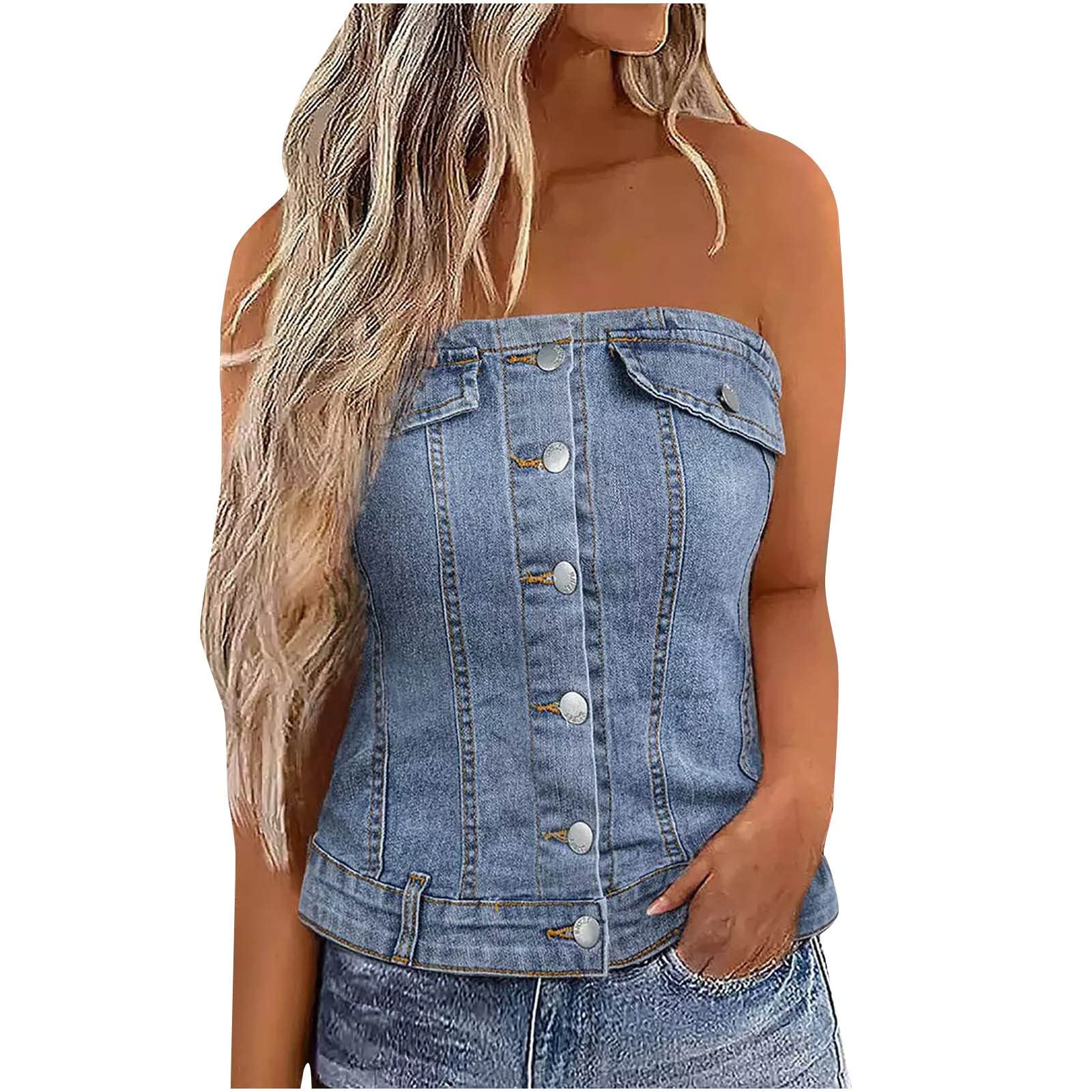 Sexy Denim Tube Top for Women - Strapless Button Down Bandeau Shirt, Y2K Streetwear Summer Fashion | Perfect for Beach Outings, Music Festivals & Night Out Parties