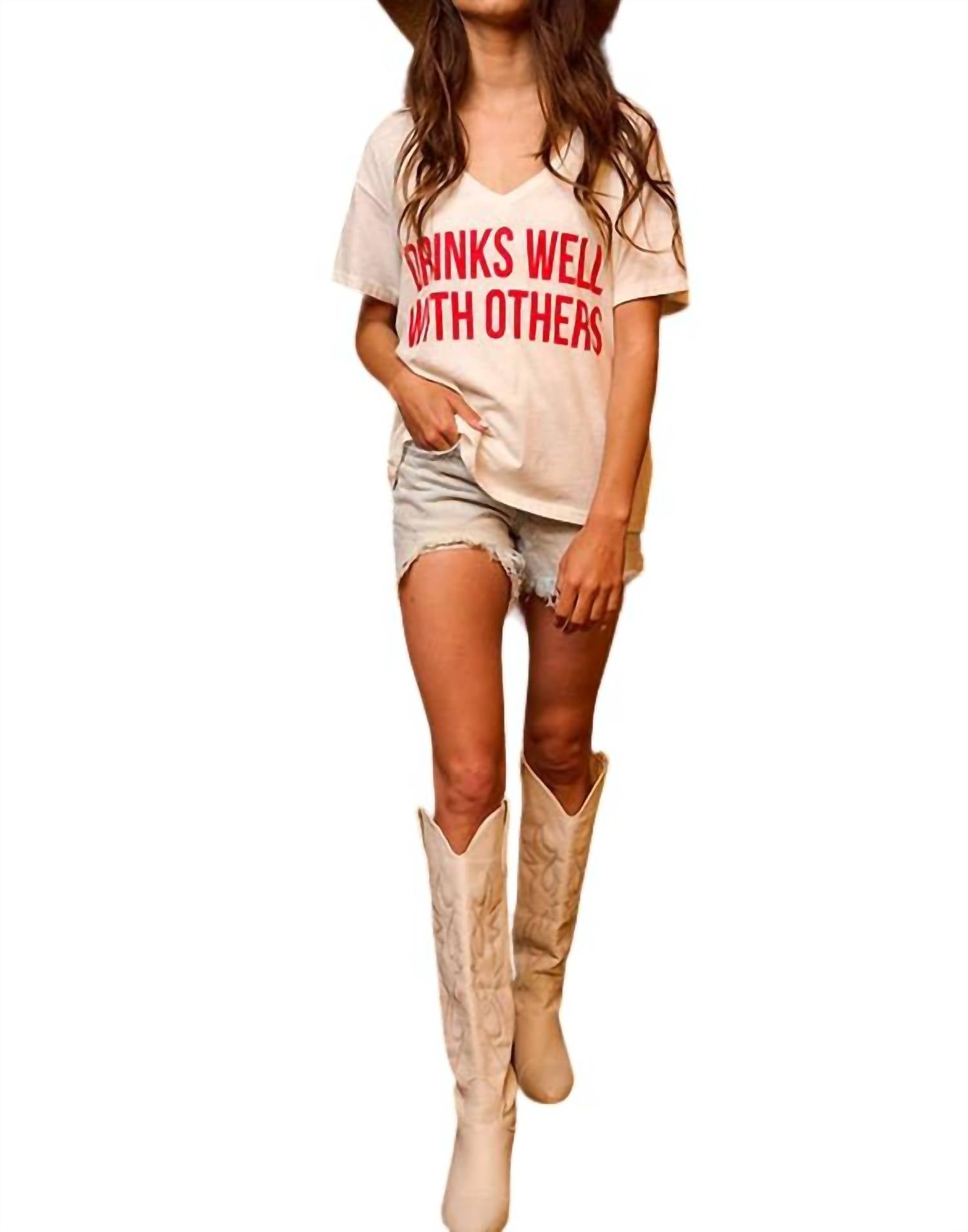 Drinks Well With Others Tee - Funny Drinking T-Shirt for Men & Women - White & Red Cotton Crewneck - Perfect for Parties, Bars, and Social Gatherings