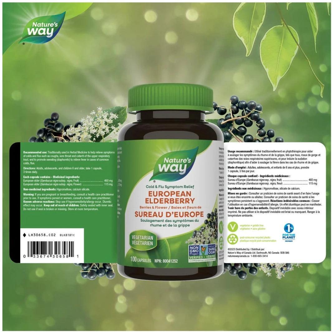 Nature's Way European Elderberry Berries & Flowers Supplement - 100 Capsules for Immune Support & Antioxidant Benefits - Perfect for Cold & Flu Season Wellness