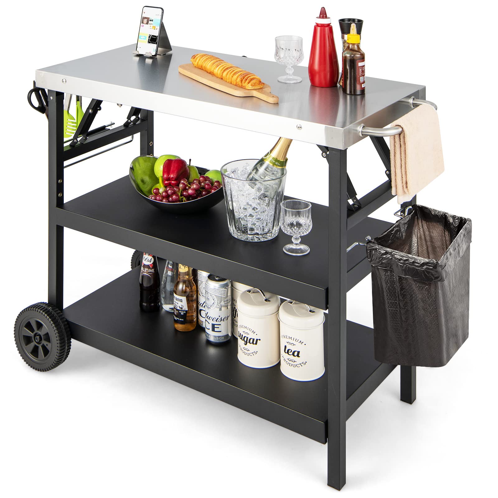 Foldable Outdoor Grill Cart with Stainless Steel Tabletop & Wheels - Portable BBQ Pizza Oven Stand, Movable Food Prep Table for Backyard, Patio, Camping & Tailgating | Perfect for Outdoor Cooking, Dining & Entertaining