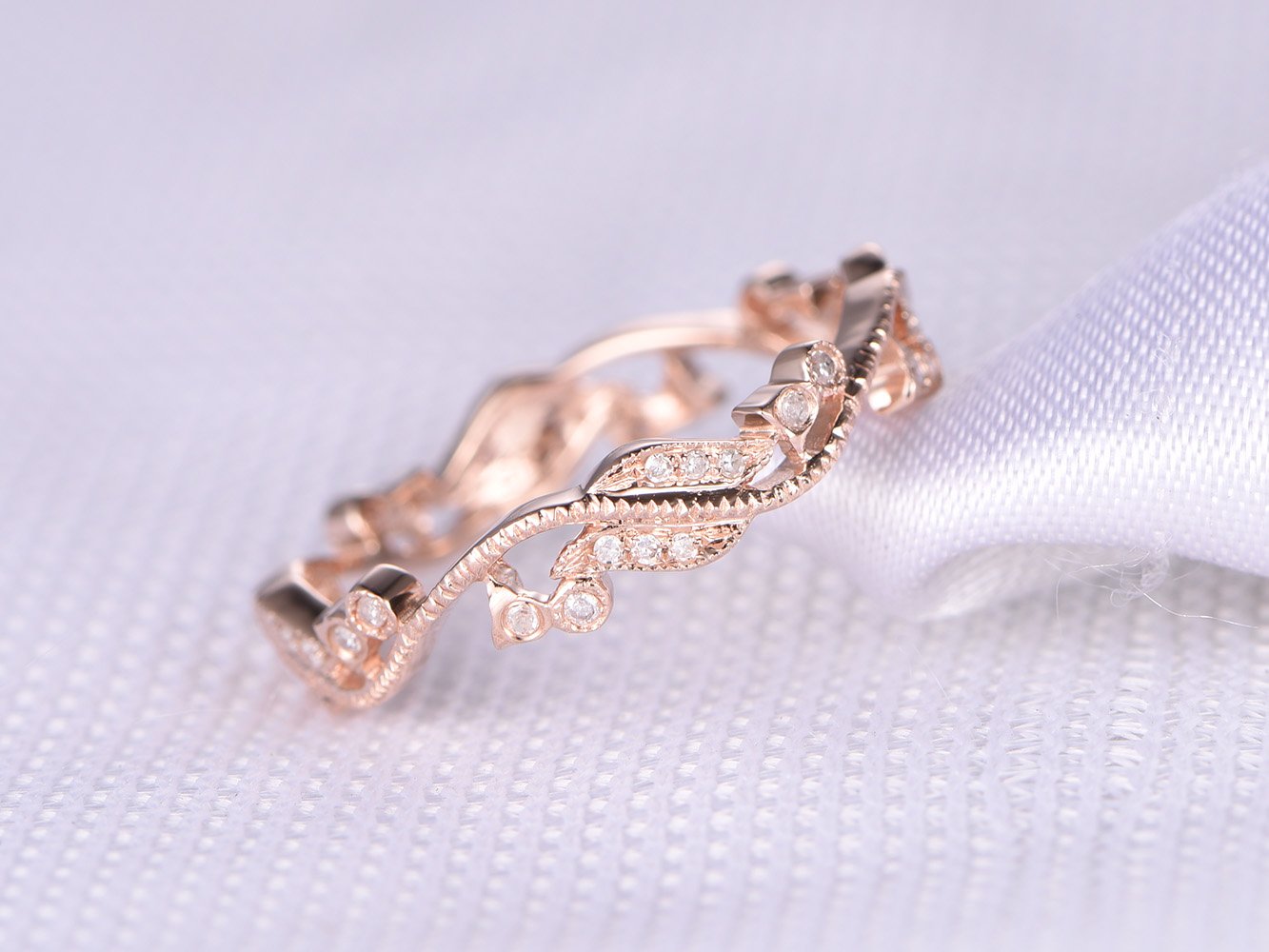Antique Diamond Wedding Band - 14K Rose Gold Swirl & Milgrain Floral Engagement Ring | Art Nouveau Style for Vintage Brides & Anniversary Gifts