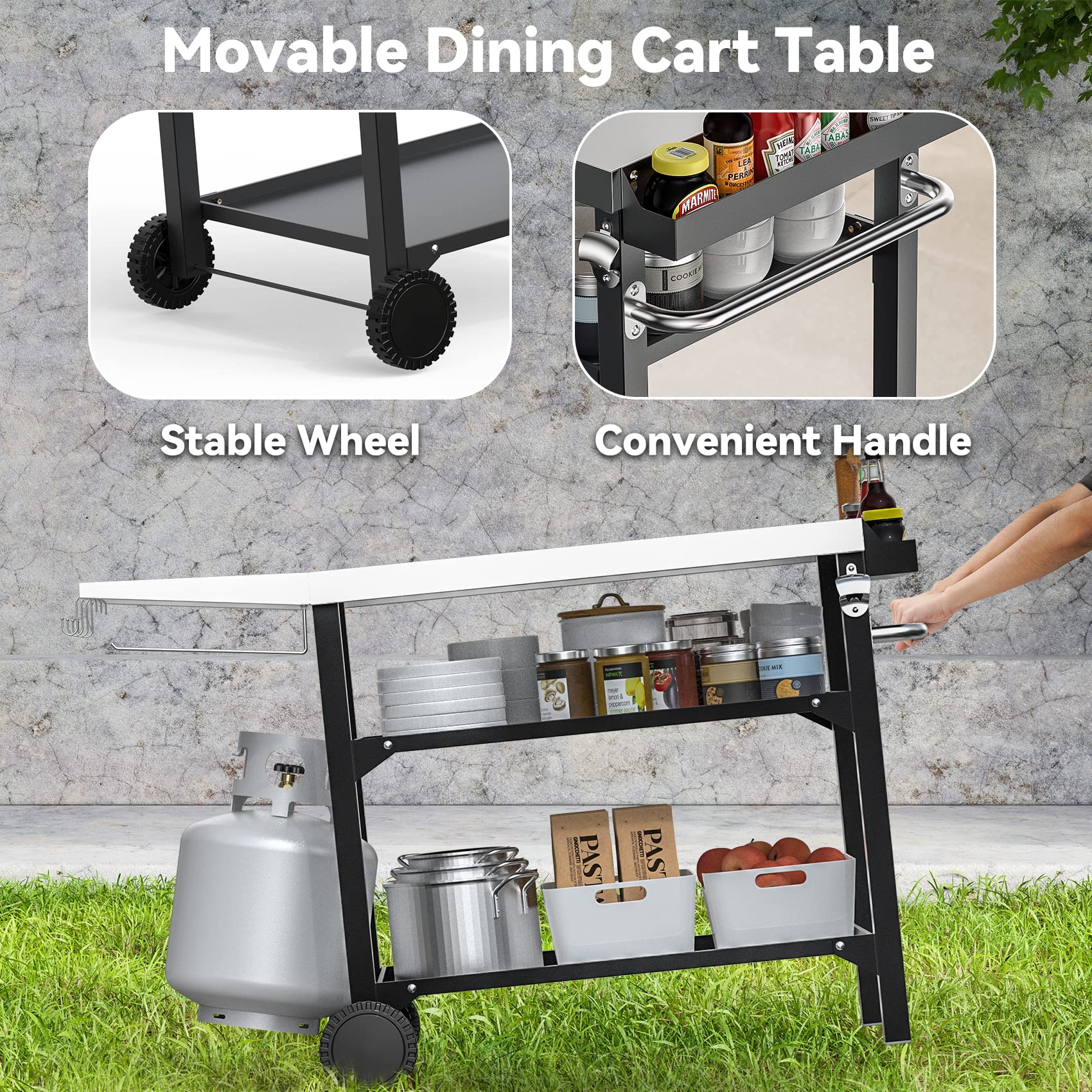 **Skyflame Portable Outdoor Dining Cart with 3-Tier Stainless Steel Shelves – Heavy-Duty BBQ Grill Cart, Mobile Food Prep Table with Wheels for Kitchen, Pizza Oven, Patio & Backyard Grilling – Perfect for Outdoor Cooking, Entertaining & Camping**