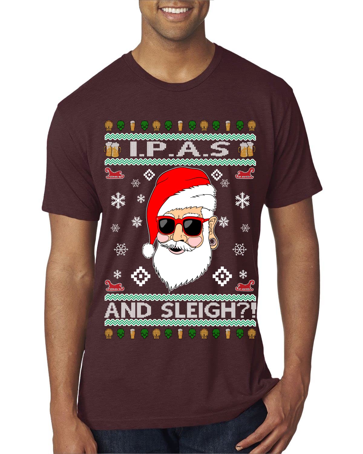 Premium Tri-Blend Ugly Christmas Sweater T-Shirt for Men - Hipster IPA & Sleigh Design - Funny Holiday Party Outfit & Gift Idea