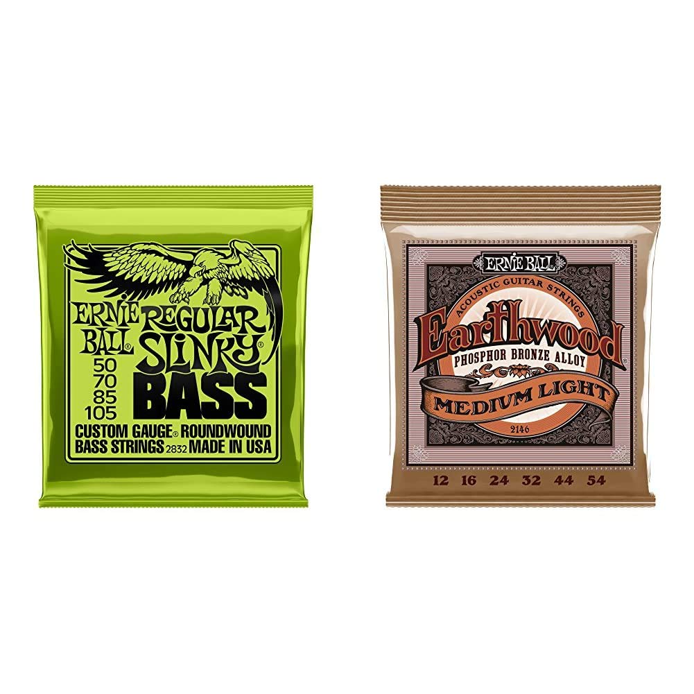 Ernie Ball Regular Slinky Nickel Wound Bass Strings Set .050-.105 & Earthwood Phosphor Bronze Acoustic Guitar Strings 12-54 (P02146) - Perfect for Bass and Acoustic Guitar Players, Studio Recording & Live Performances