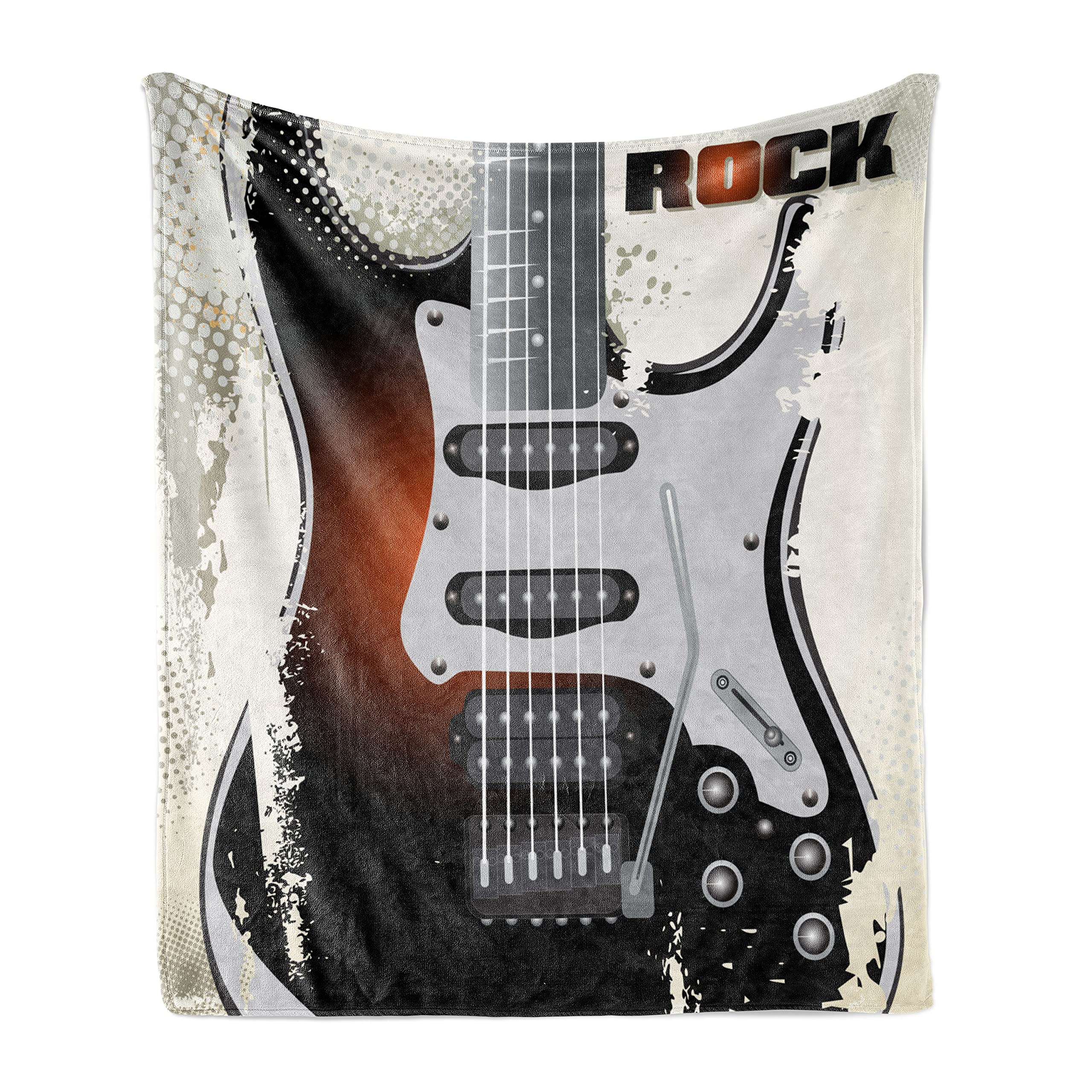Ambesonne Rock Music Throw Blanket - Vintage Guitar Design with Strings & Retro Halftone Grunge Pattern | Ultra Soft Flannel Fleece Accent Blanket for Couch, Bed, or Gift (60