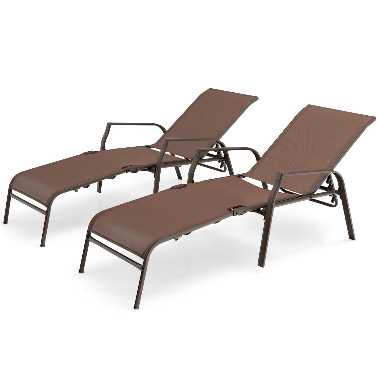 Tangkula 2-Piece Adjustable Folding Stackable Patio Lounge Chairs Set - Heavy Duty Steel Frame, 5-Position Reclining Backrest - Perfect for Poolside, Backyard, Beach & Outdoor Relaxation (Brown)
