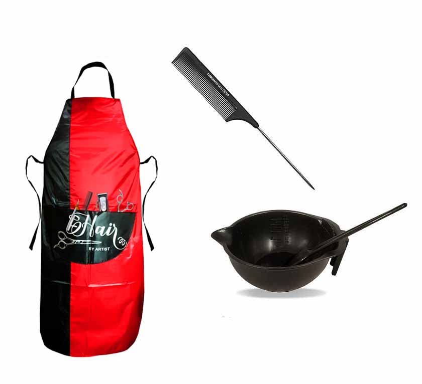 Professional Hair Dye Bowl & Brush Set with Plastic Comb 06700, Printed Cutting Sheet & Makeup Apron - Perfect for Salon Stylists & Home Hair Coloring