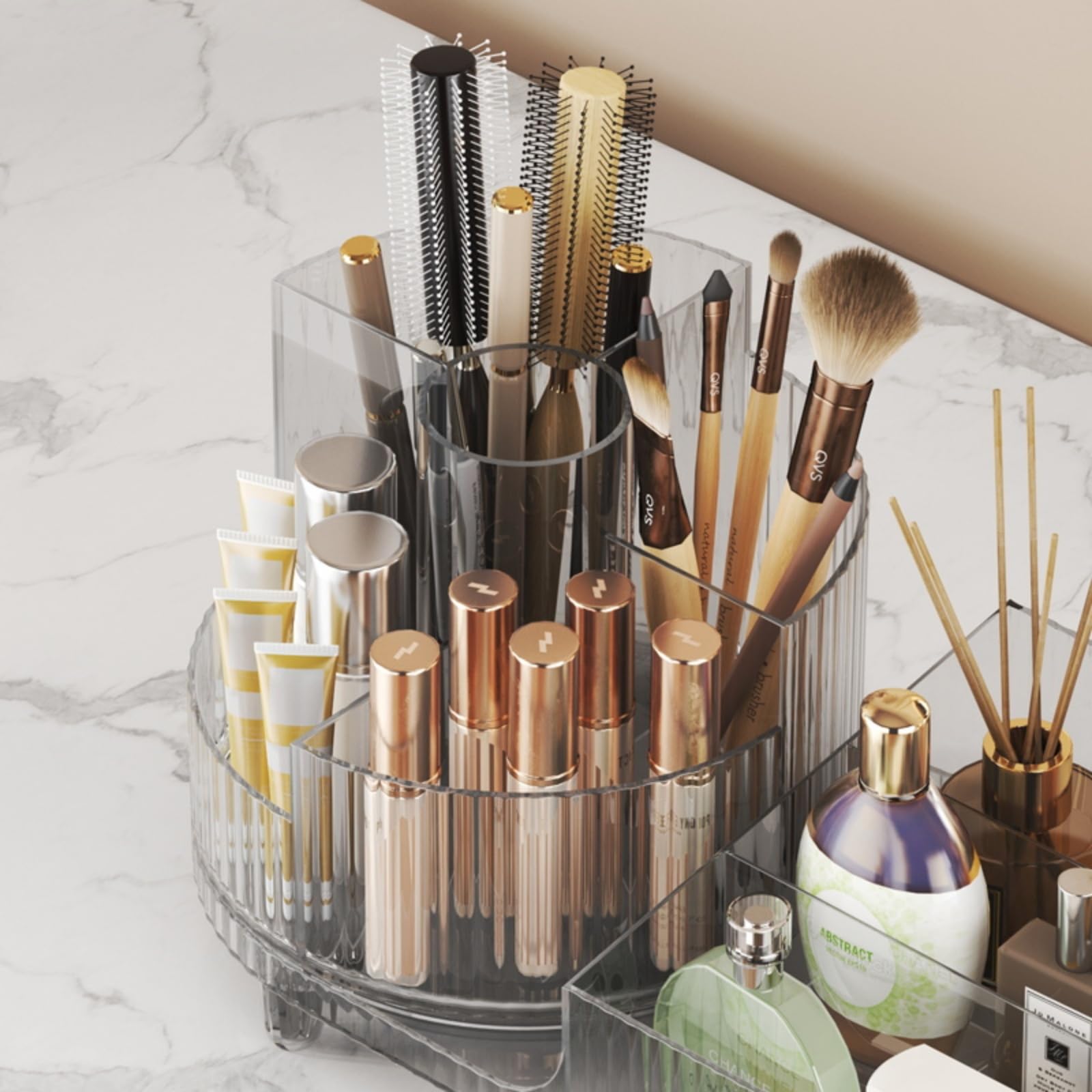 360° Rotating Makeup Organizer - Large Capacity Cosmetic Display Case with Crystal Amber Design | Holds 20+ Makeup Brushes, 10 Lipsticks & 8 Skincare Products | Perfect for Vanity, Bathroom & Travel Organization